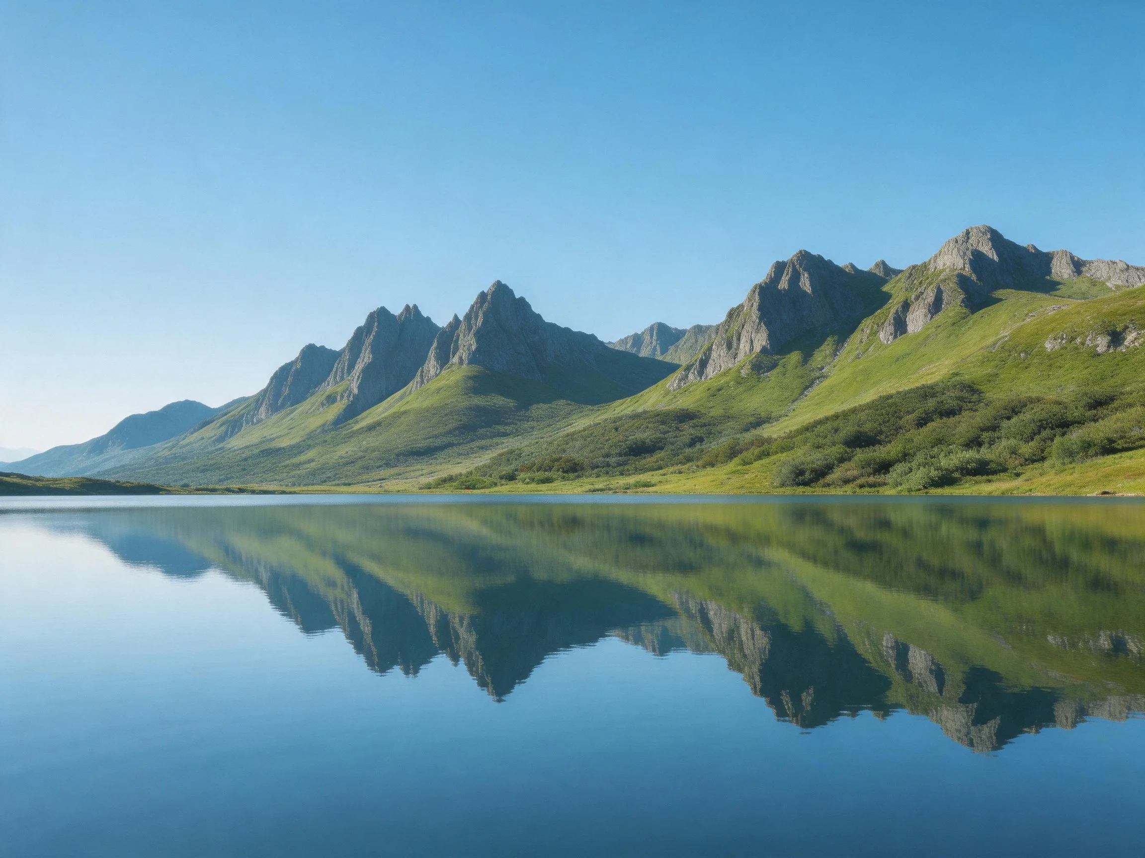 Lush green mountains reflected in calm blue water
