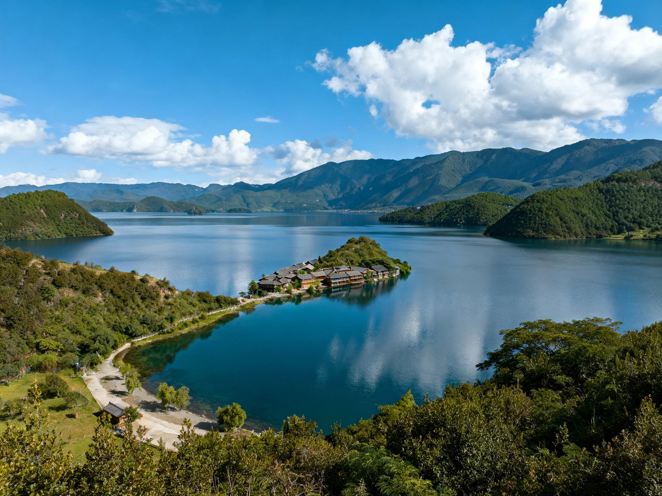 Lush green mountains surround a tranquil blue lake with an island resort.