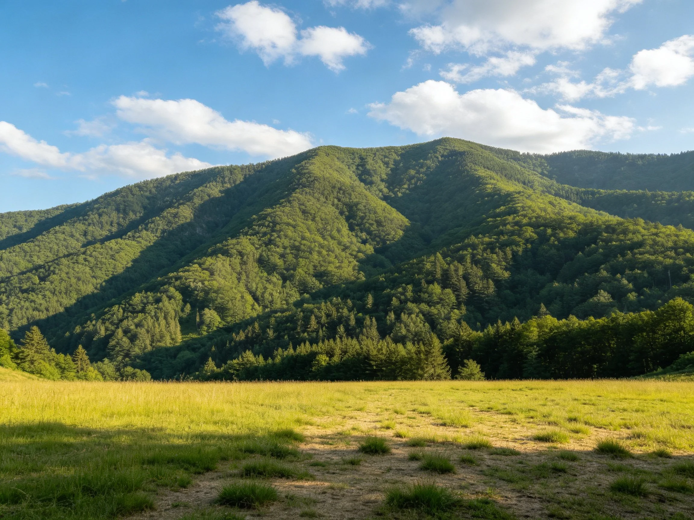 Lush green mountains tower over a sunlit meadow with varied terrain.