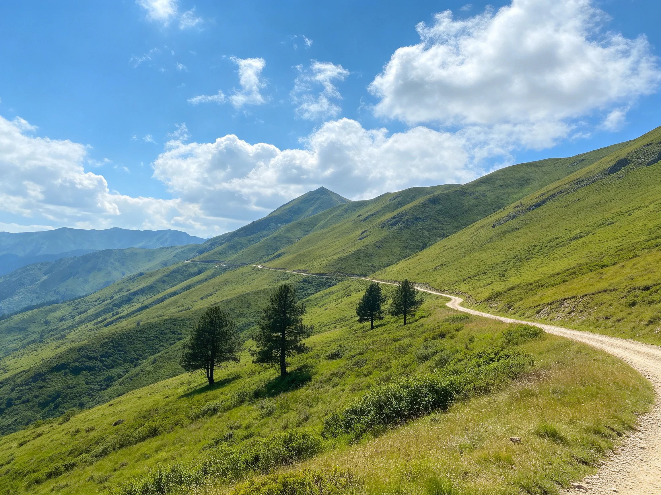 Lush green mountains with winding dirt path under bright blue sky