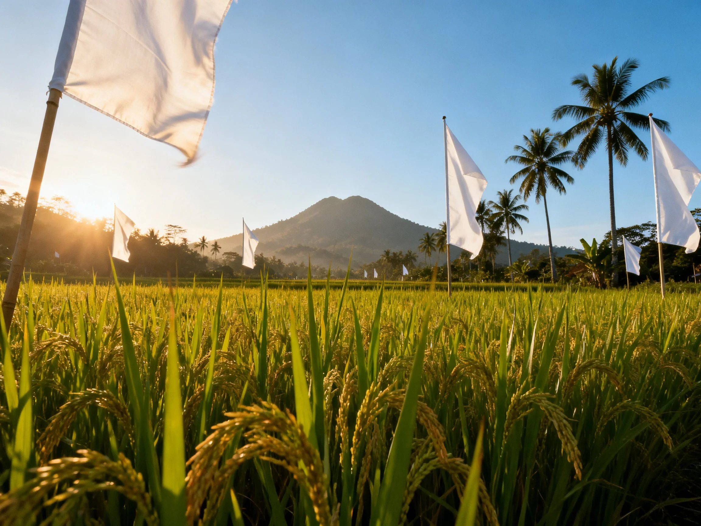 Lush green rice field with white flags, palm trees, and distant mountain