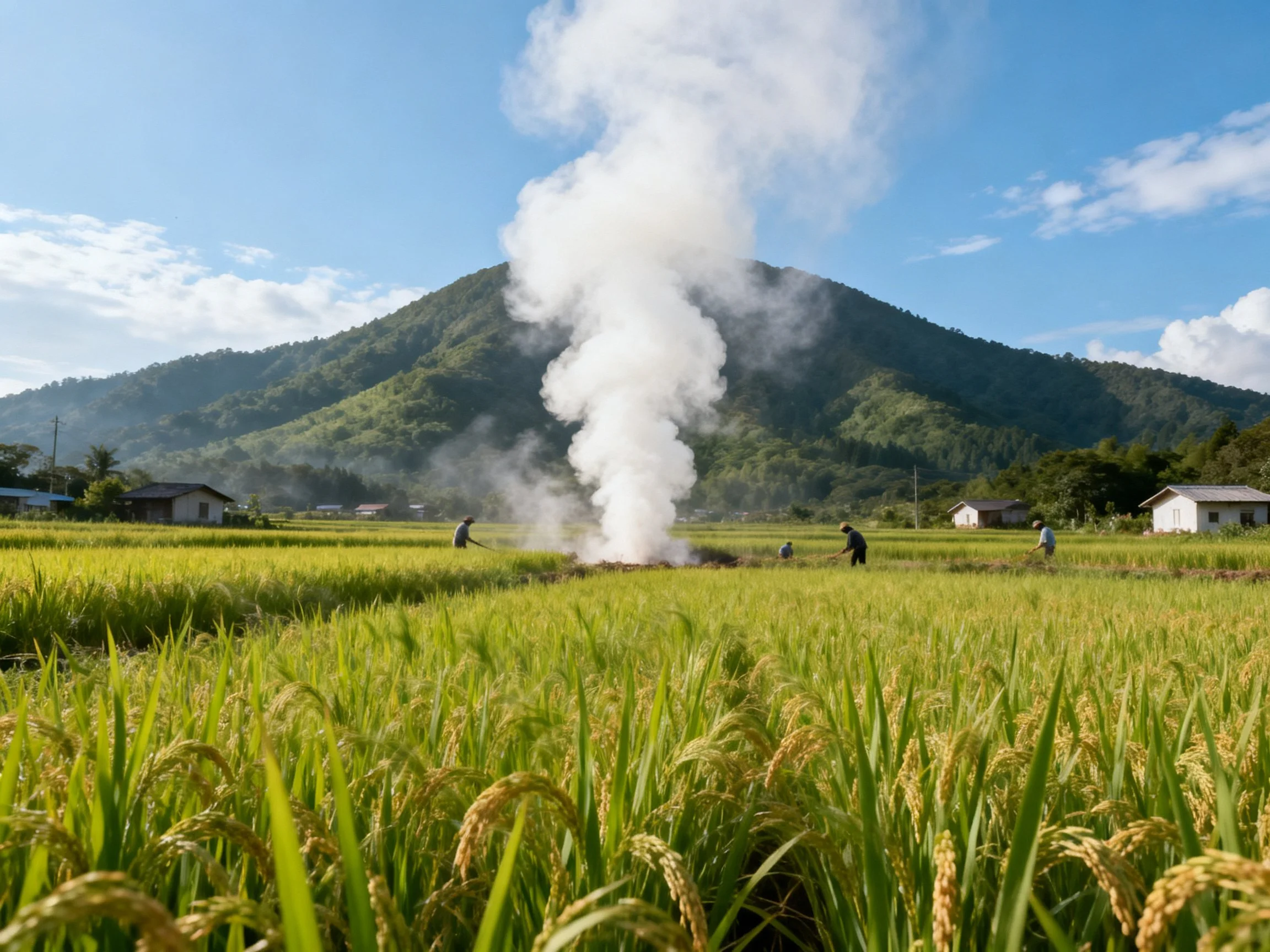 Lush green rice fields with rising steam near farmhouses and mountains