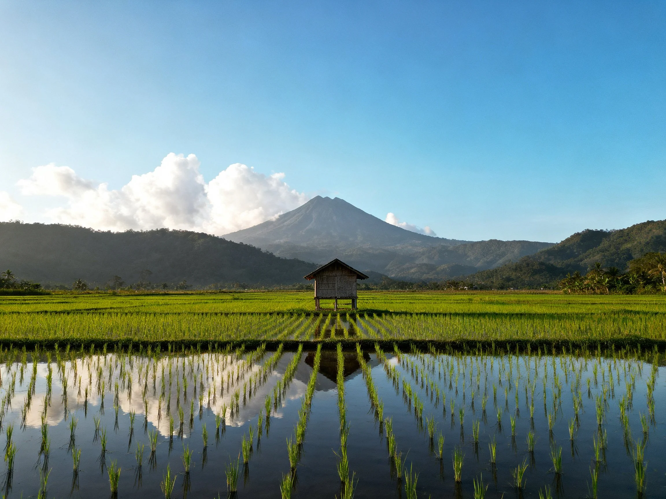 Lush green rice paddies reflect beneath a towering volcano under bright blue sky