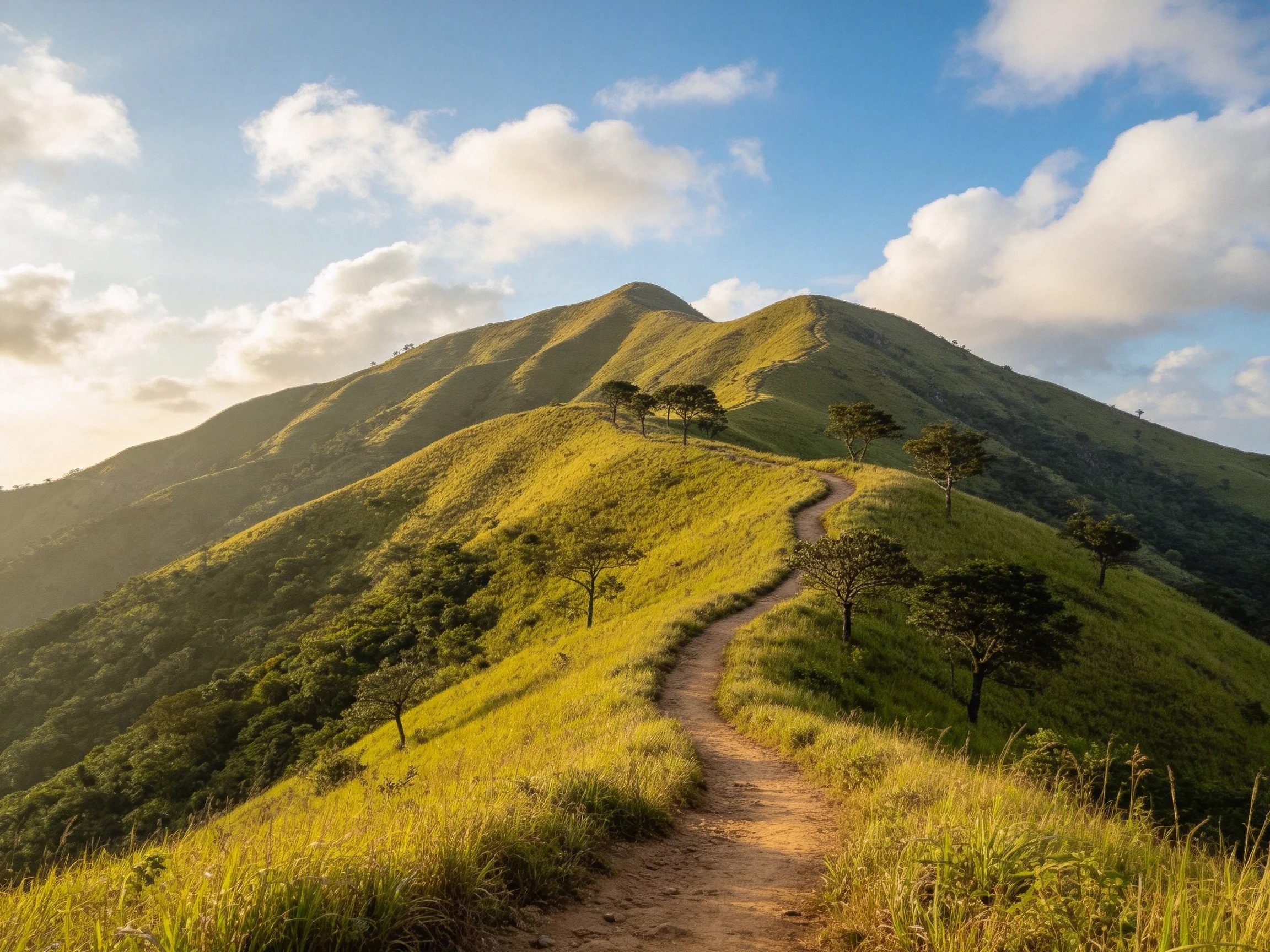 Lush green rolling hills with winding dirt path and scattered trees