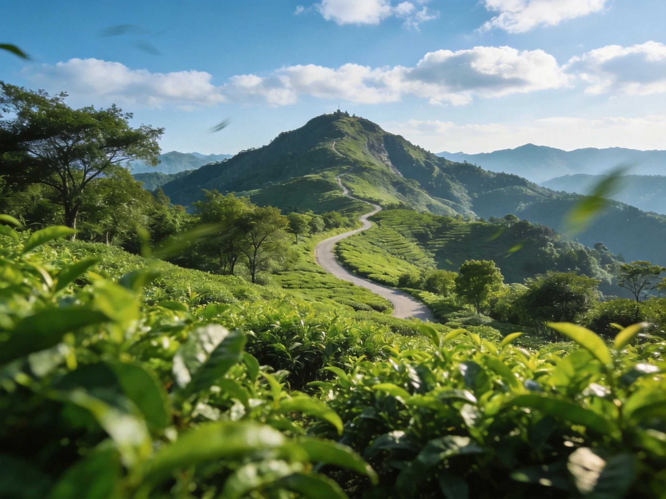 Lush green tea plantations winding up misty mountain slopes