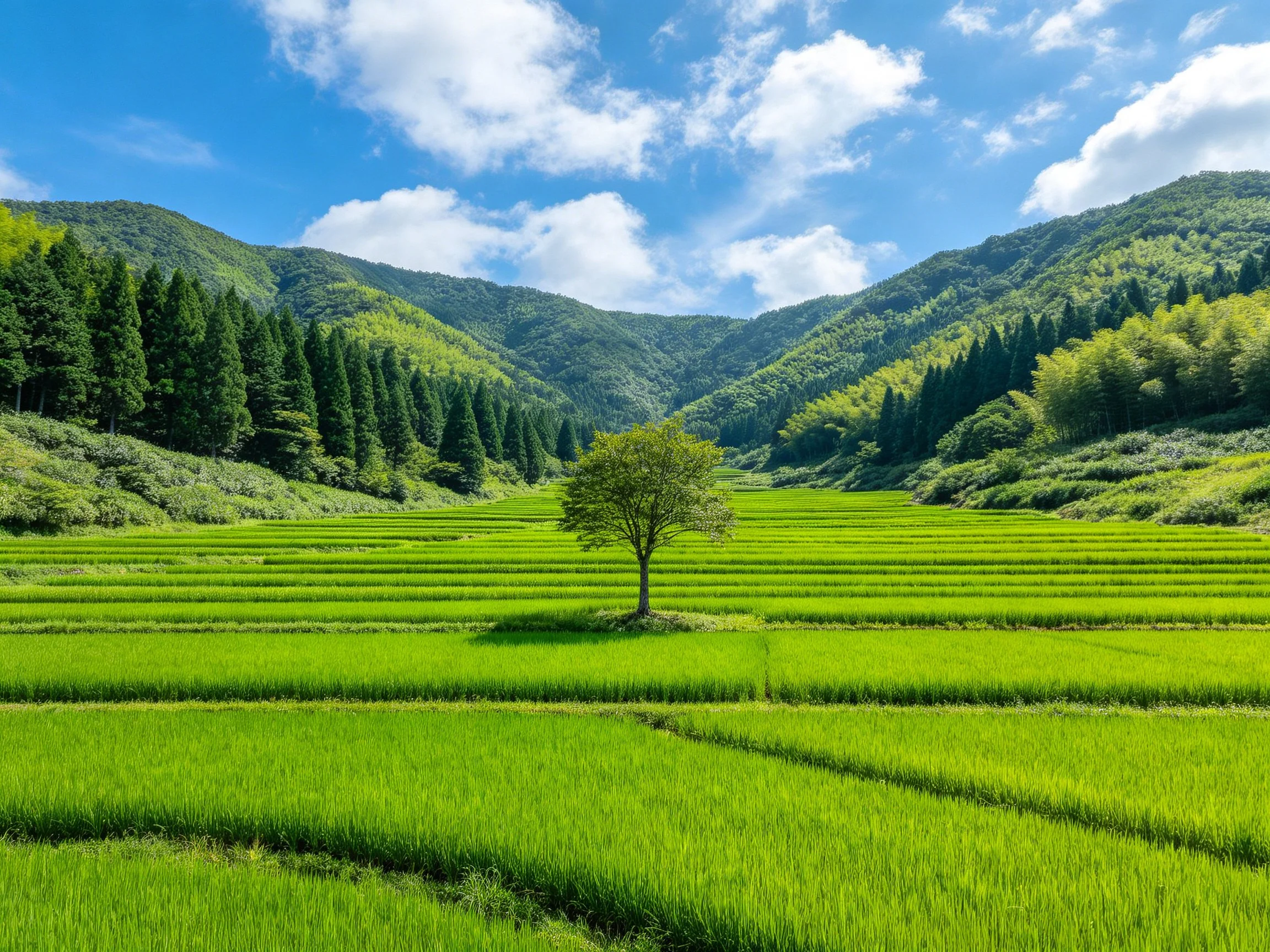Lush green terraced fields with a central tree and forested mountains