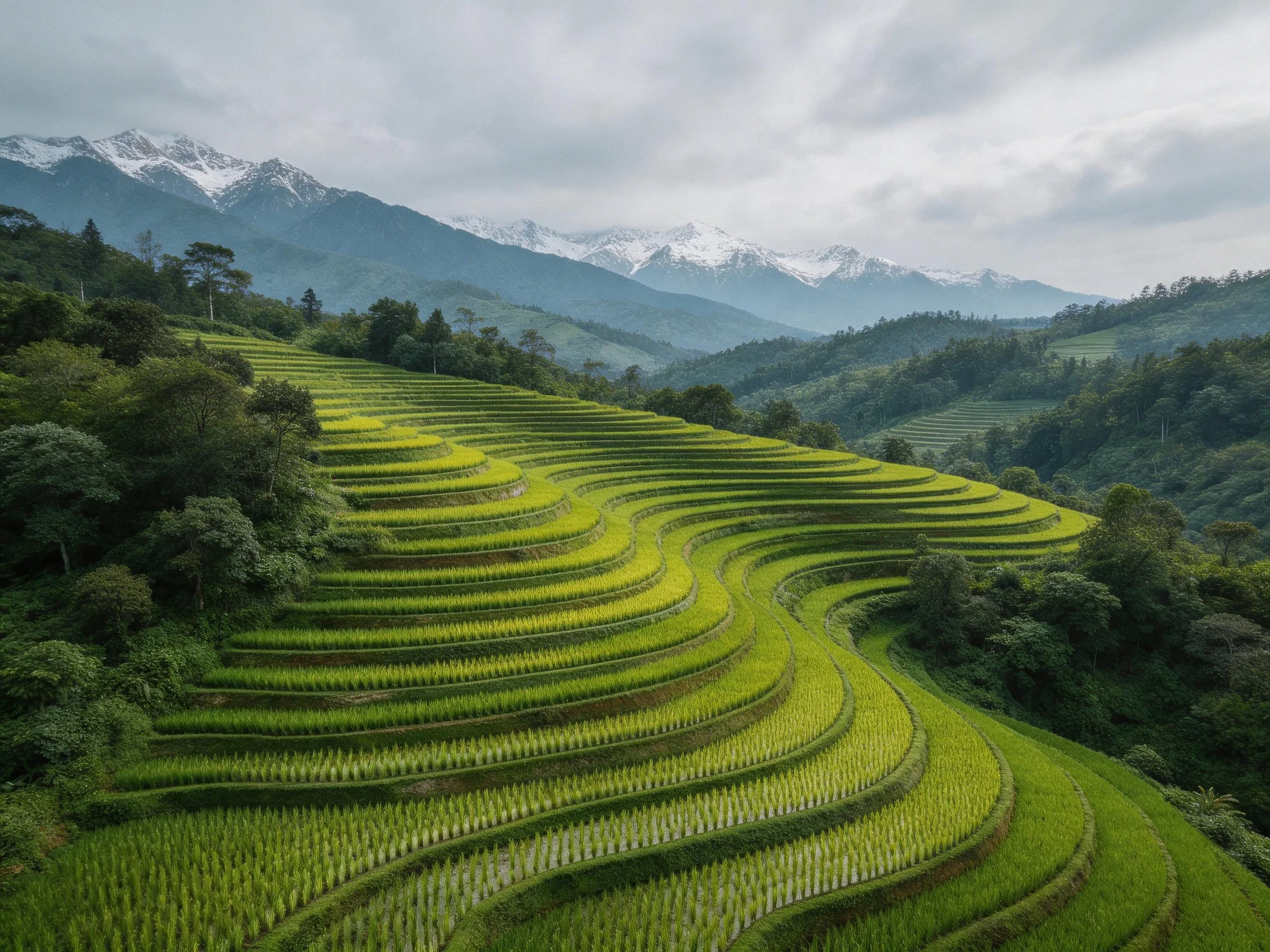 Lush green terraced rice fields near snow-capped mountains