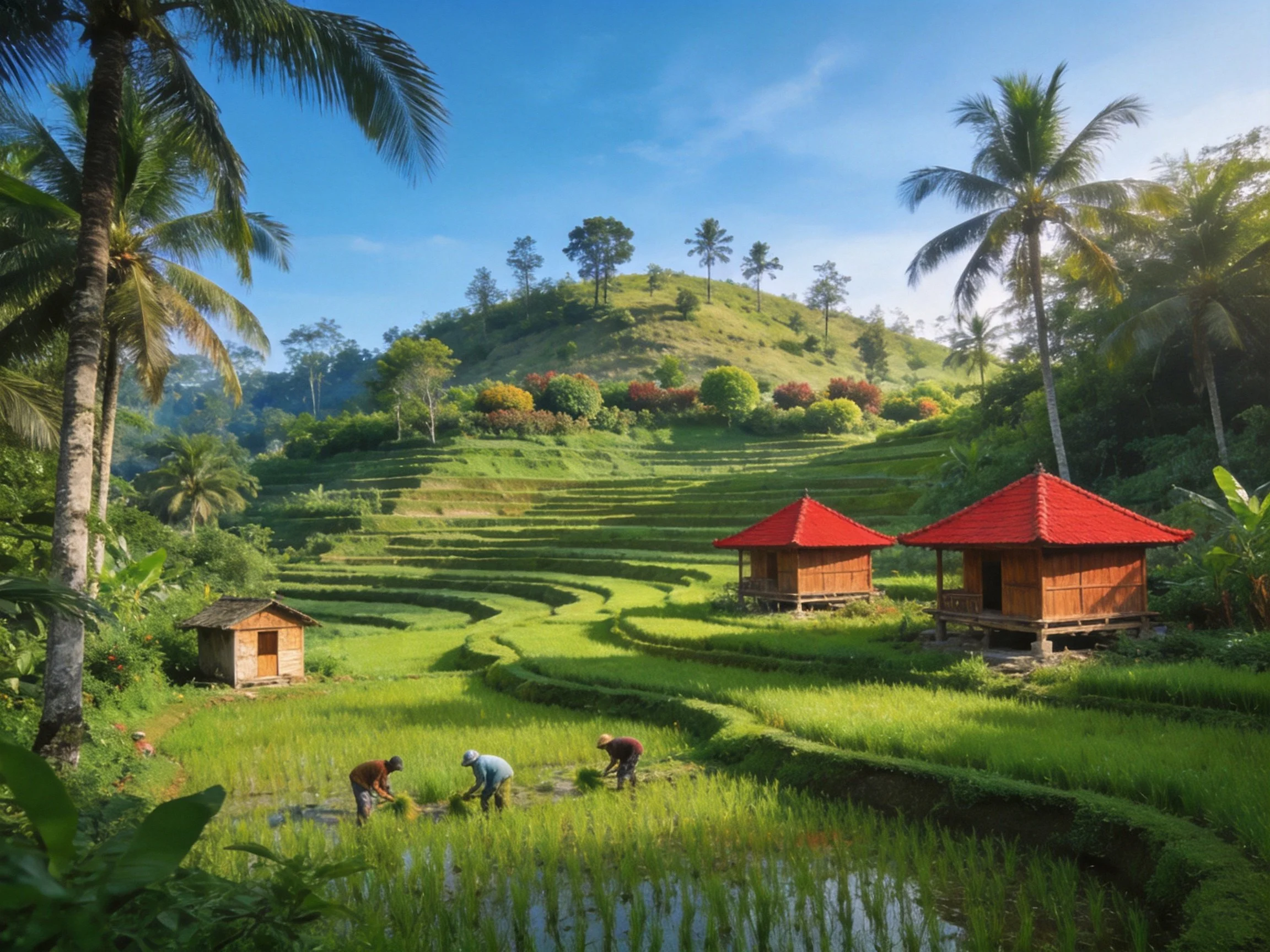 Lush green terraced rice fields with workers, red-roofed huts, tropical palms