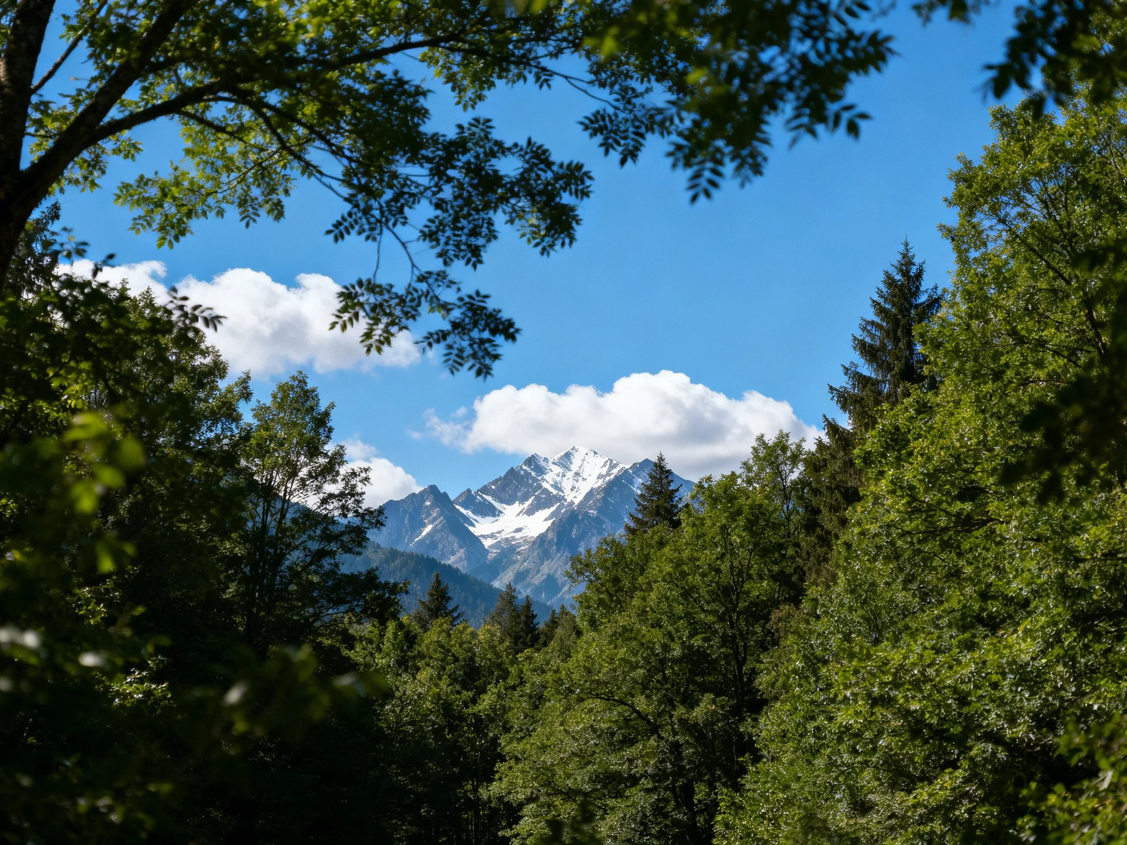 Lush green trees frame snow-capped mountain peaks under bright blue sky