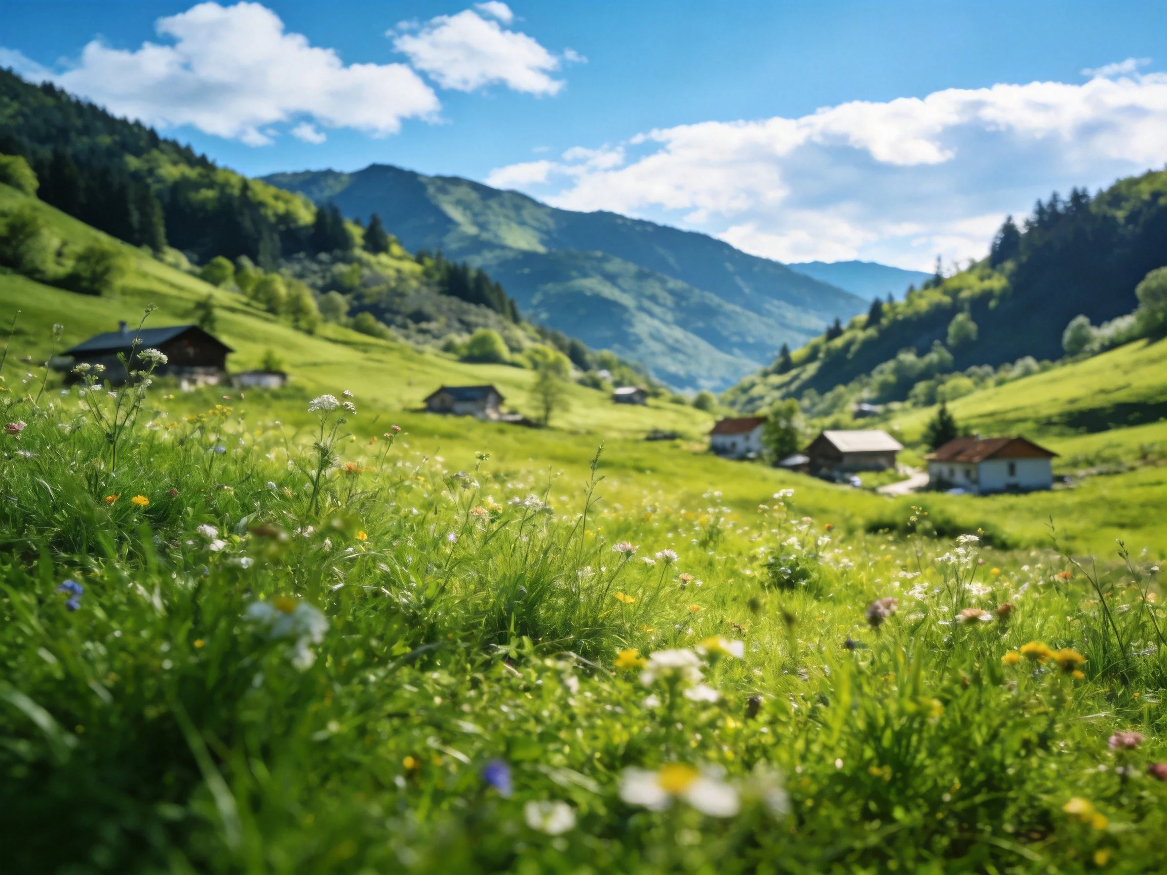 Lush green valley with scattered cottages and rolling hills