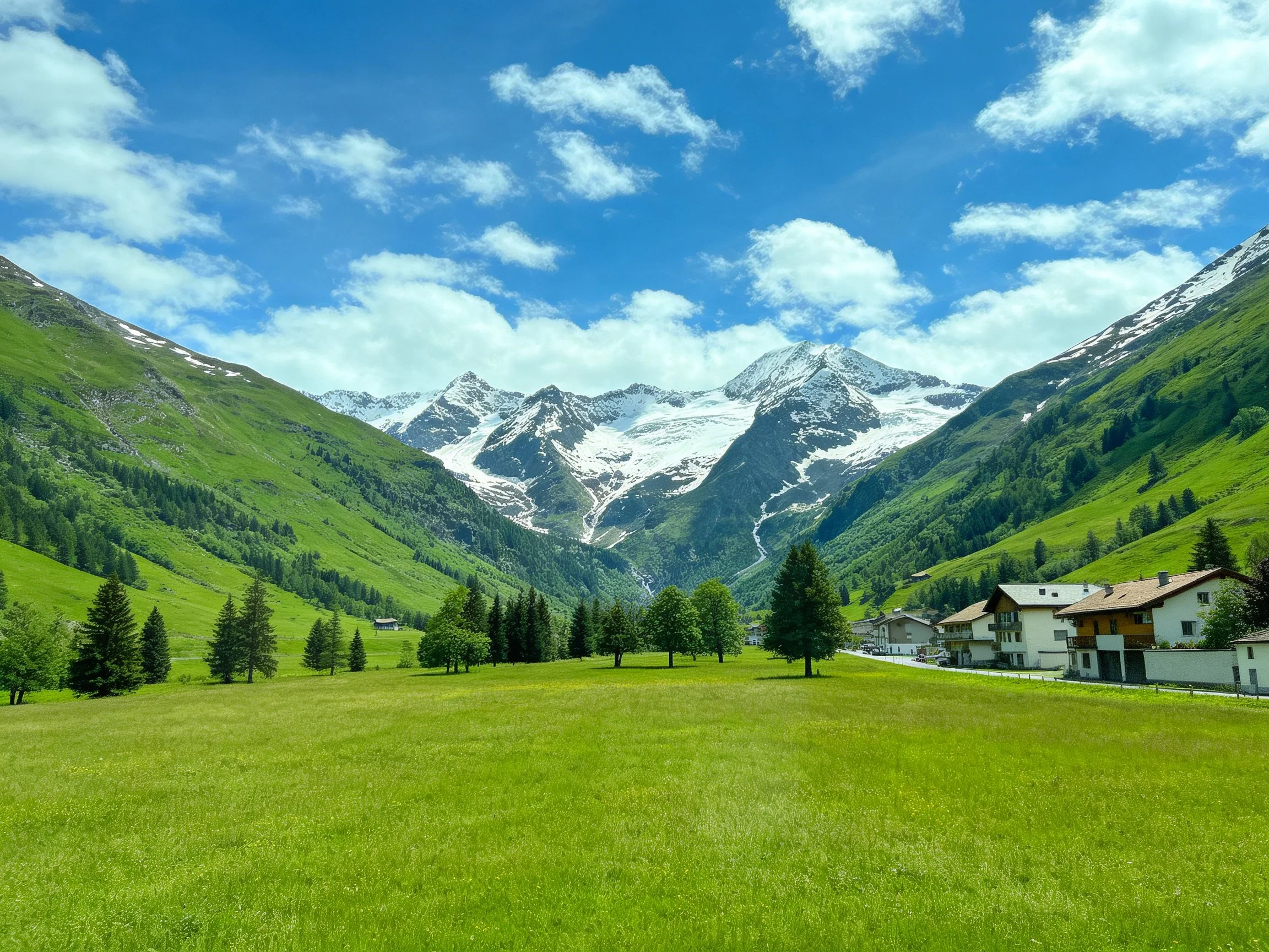 Lush green valley with snow-capped mountains and scattered homes