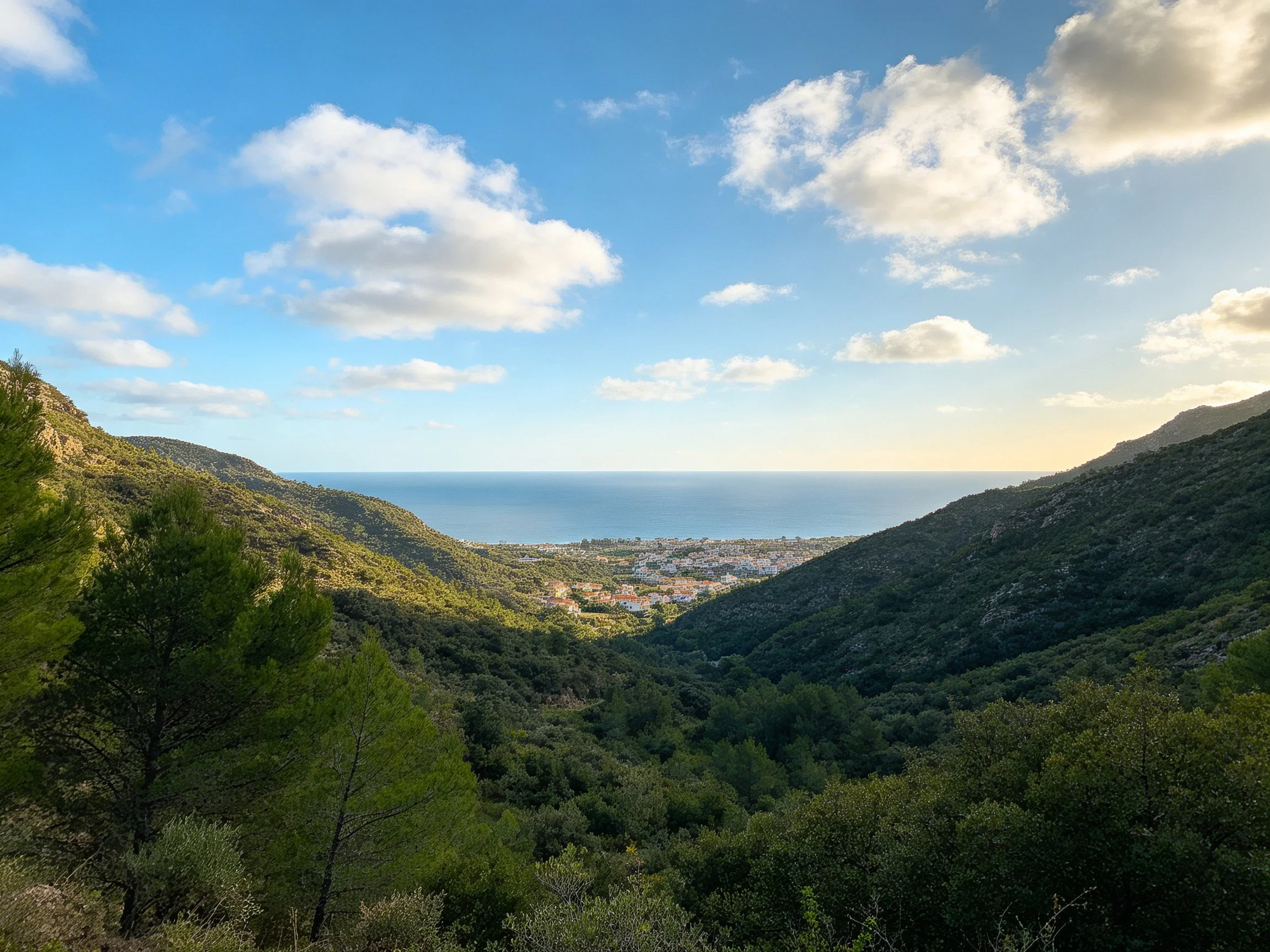 Lush green valleys overlook coastal town beside blue sea under sunny sky