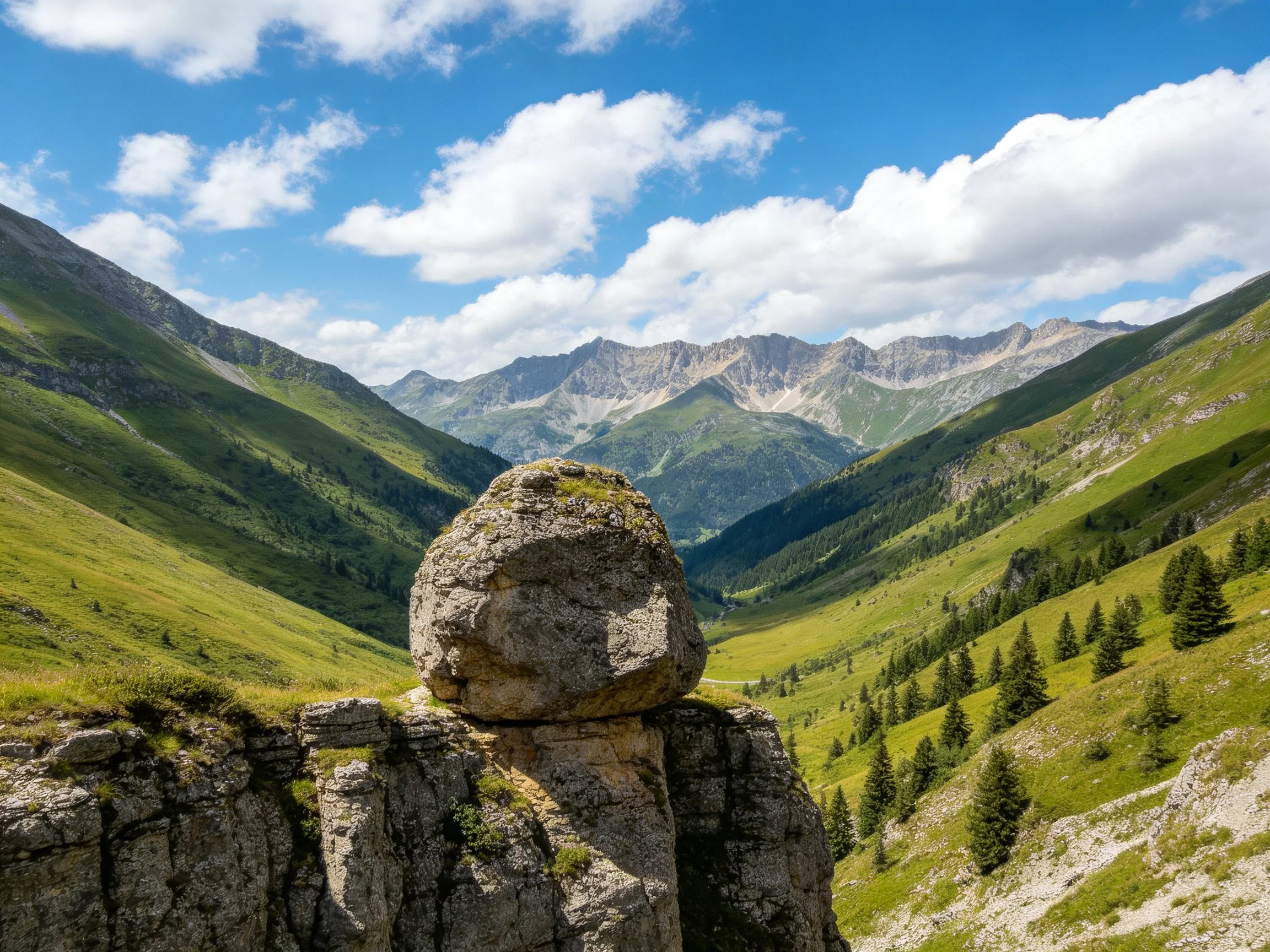 Lush green valleys surround a massive boulder on rocky cliffs