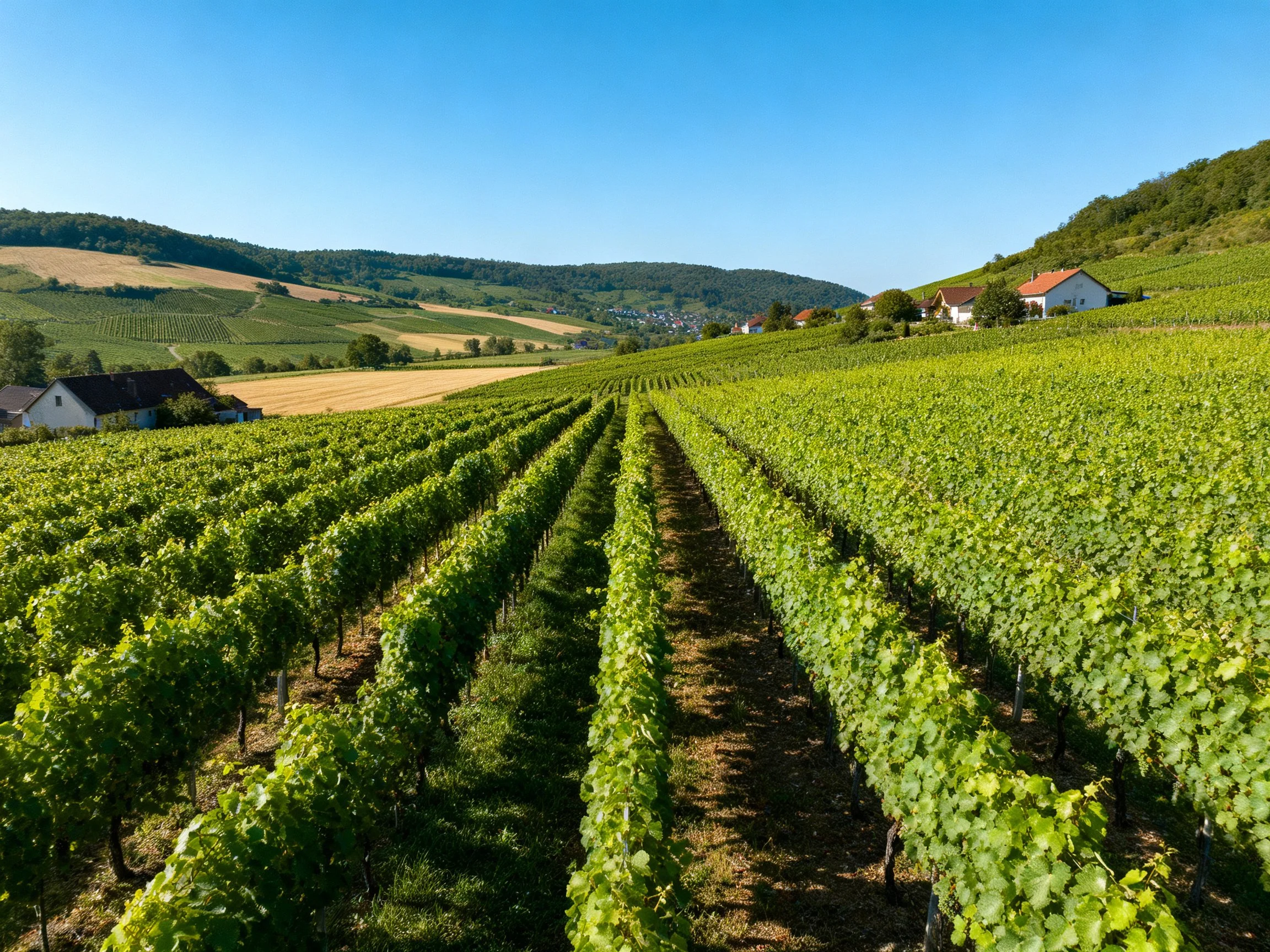 Lush green vineyard rows stretch toward rolling hills with white houses