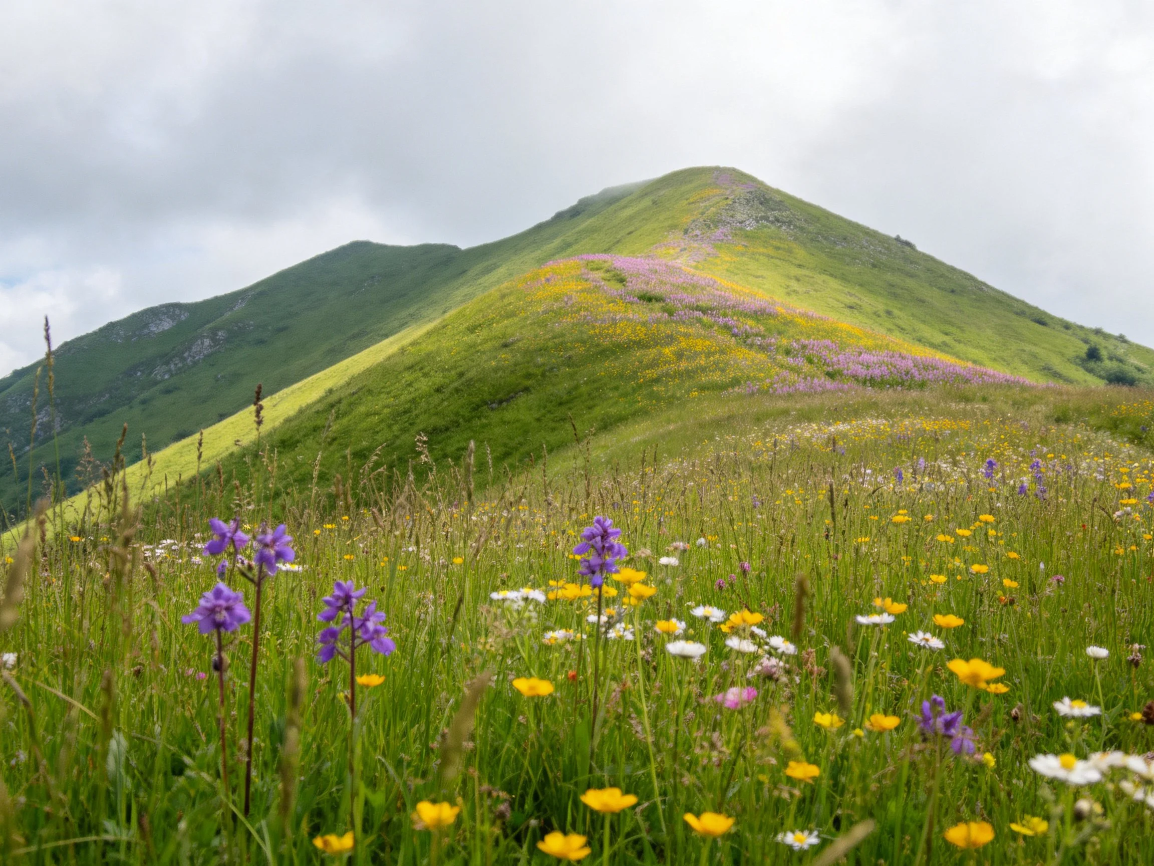 Lush hillside with vibrant wildflowers and green mountain slopes