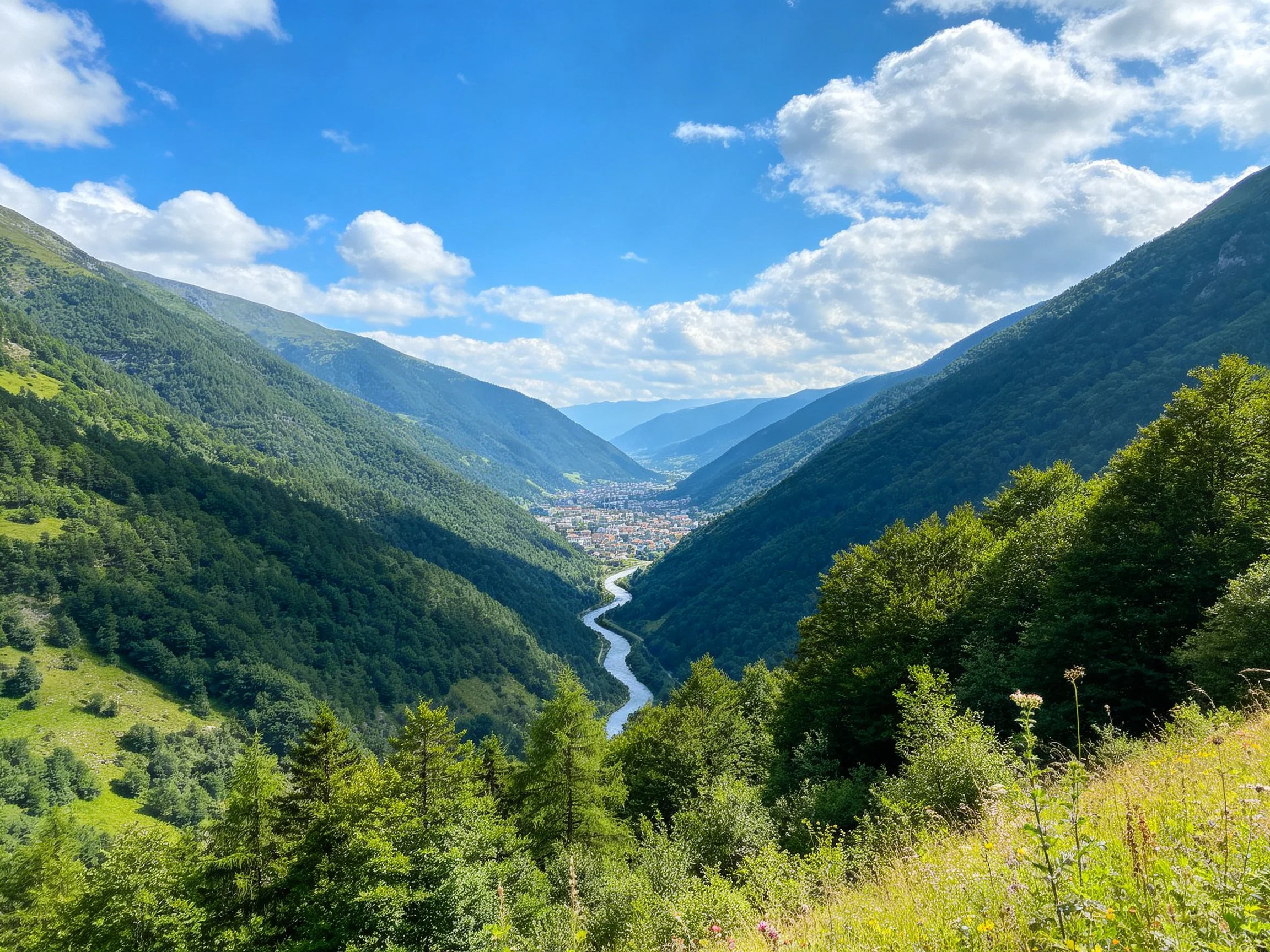 Lush mountain valley with winding river and forested slopes