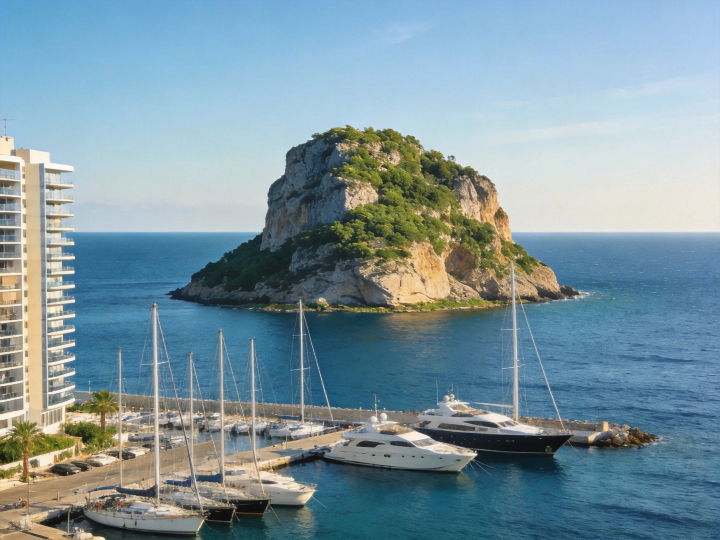 Lush rocky island in blue sea near a marina with docked yachts