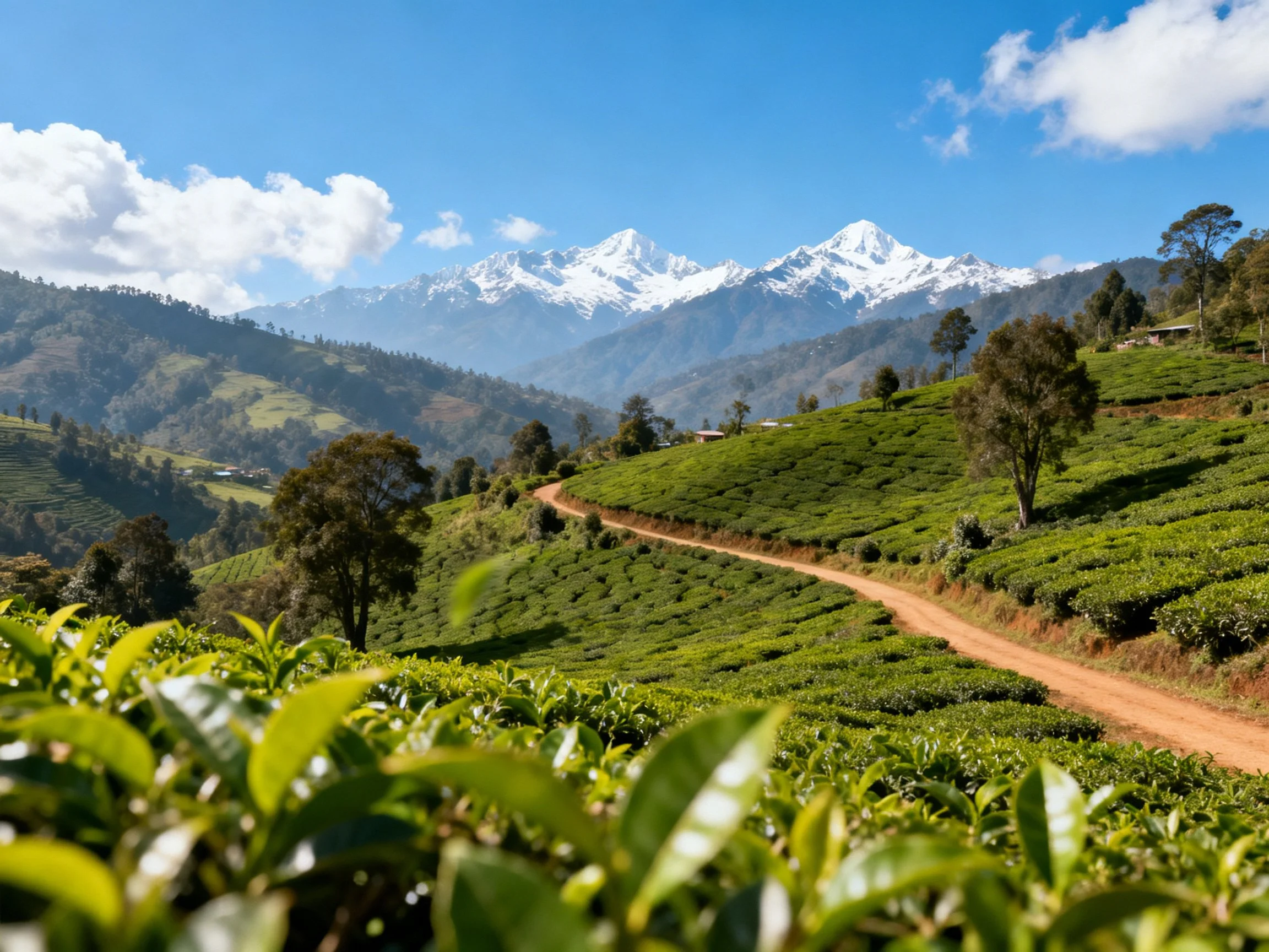 Lush tea plantations spread over rolling hills near snow-capped mountains
