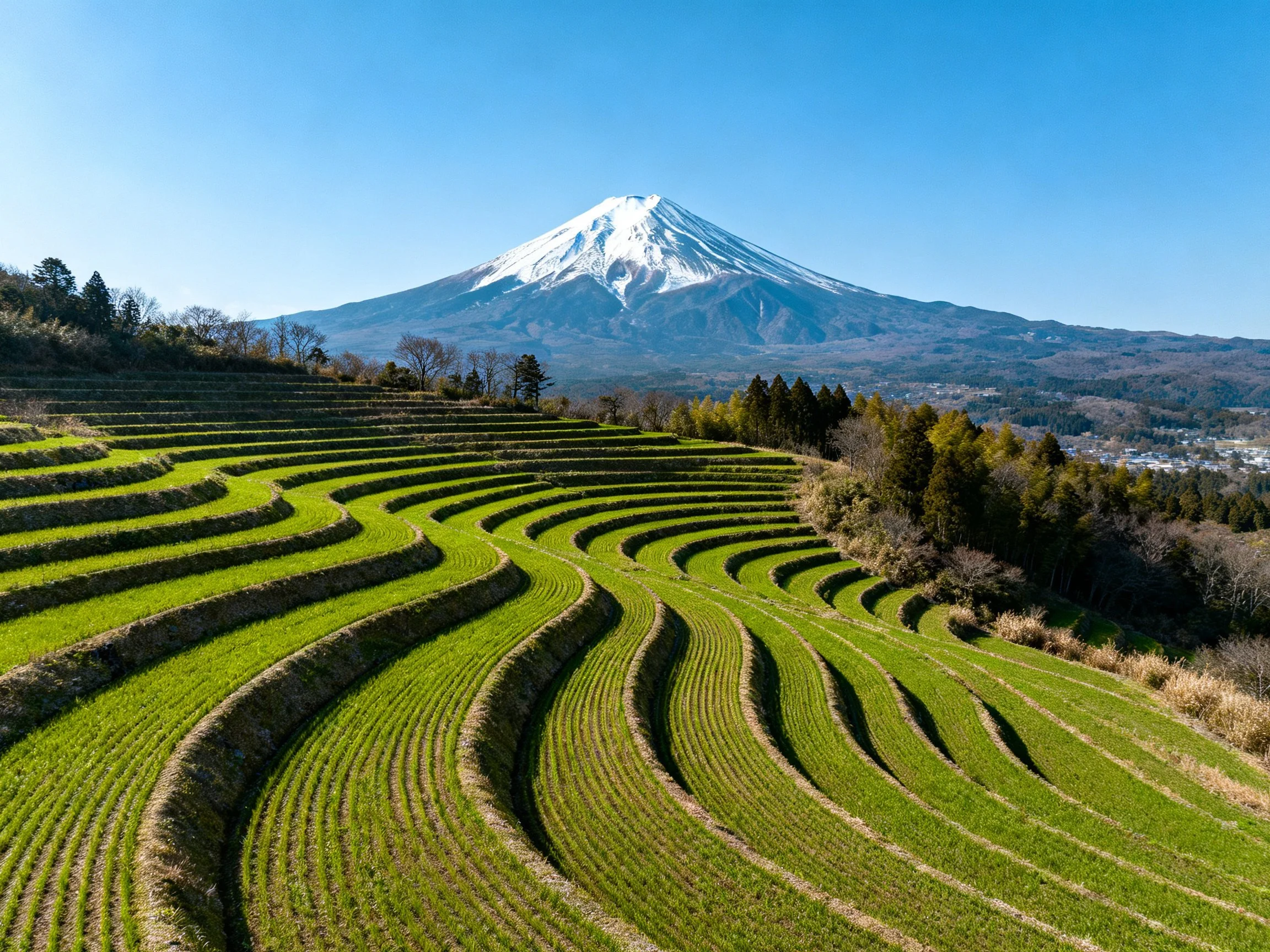 Lush terraced farmland with Mount Fujis snowy peak behind