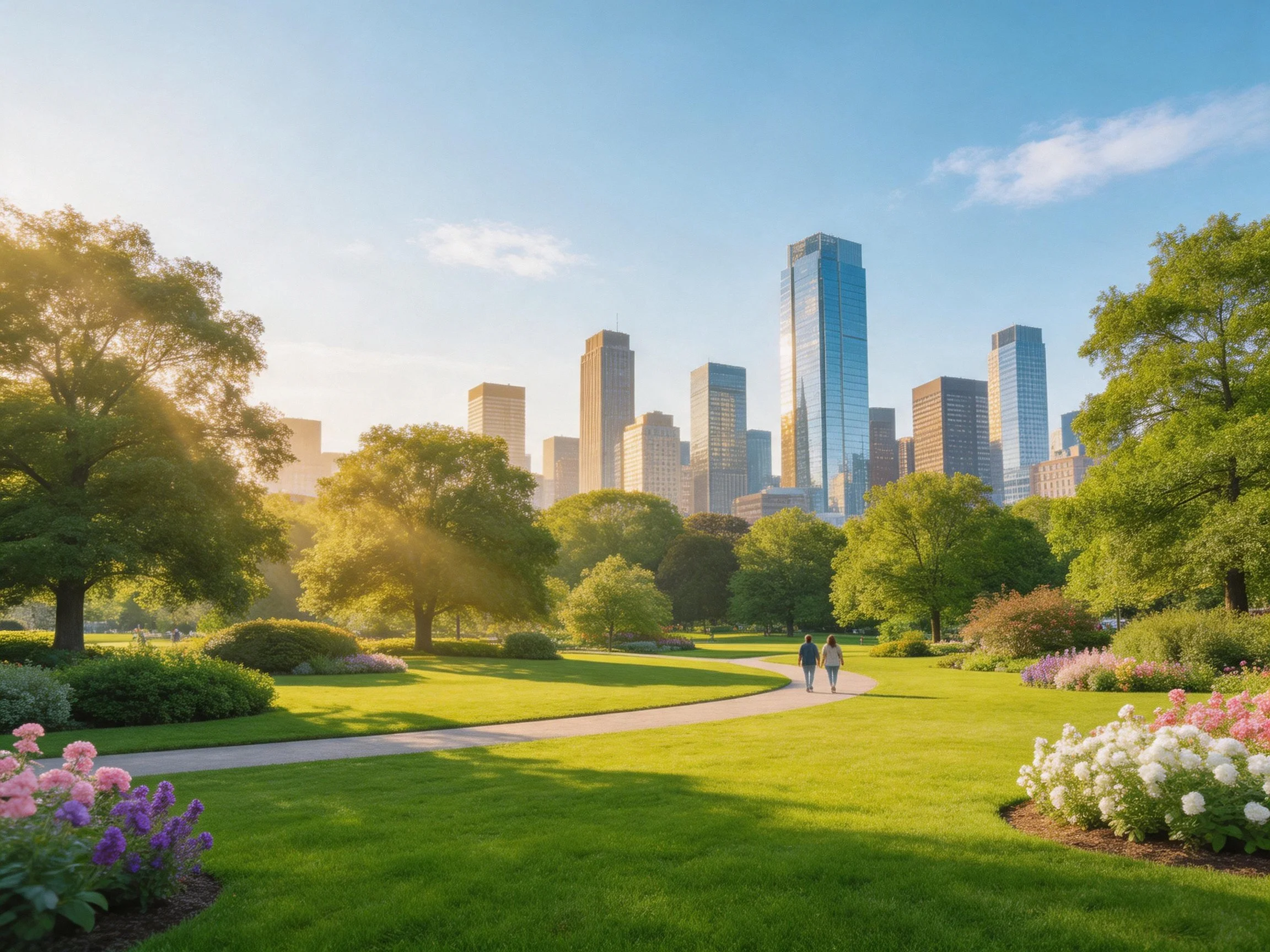 Lush urban park with colorful flowers, winding path, and city skyline