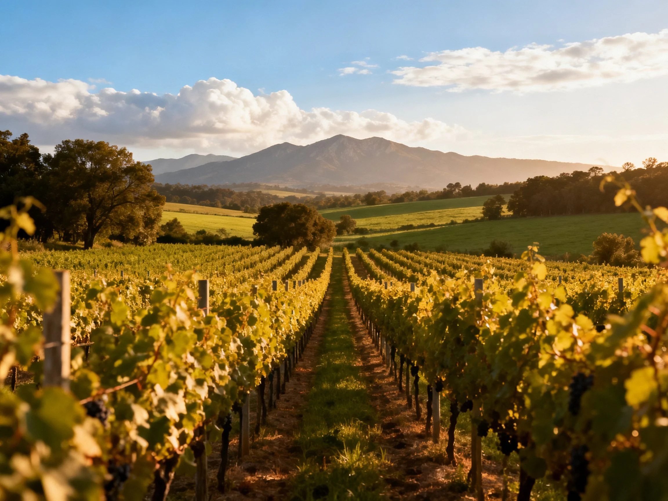 Lush vineyard rows stretch toward misty mountains under golden sunset light