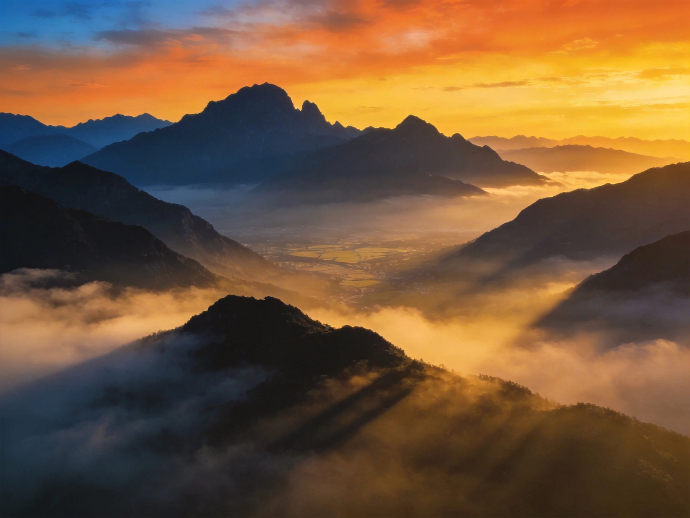 Majestic Mountain Peaks at Sunset with Fog and Vibrant Skies