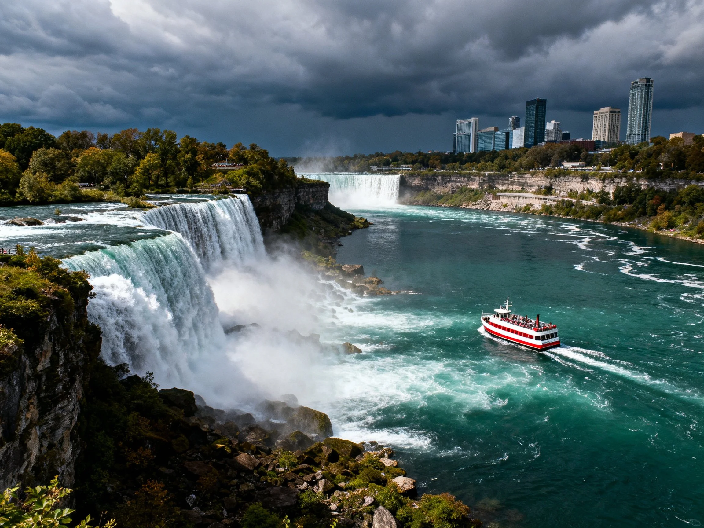 Majestic Niagara Waterfalls with Red Tour Boat Under Dark Storm Clouds