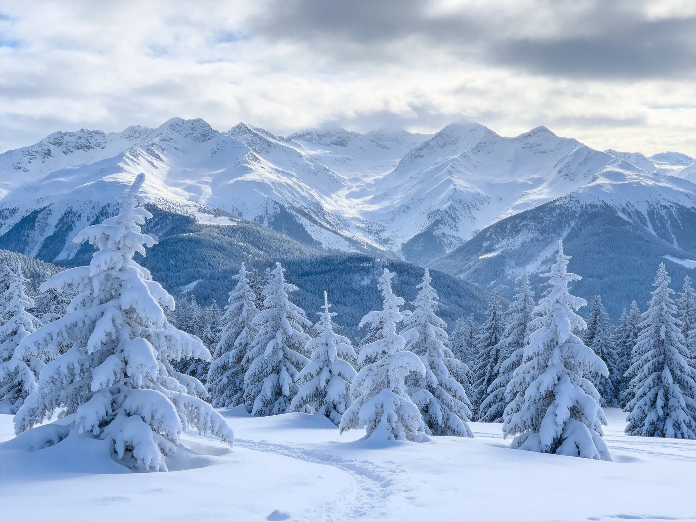 Majestic Snow-Capped Mountains with Snow-Laden Pine Forests