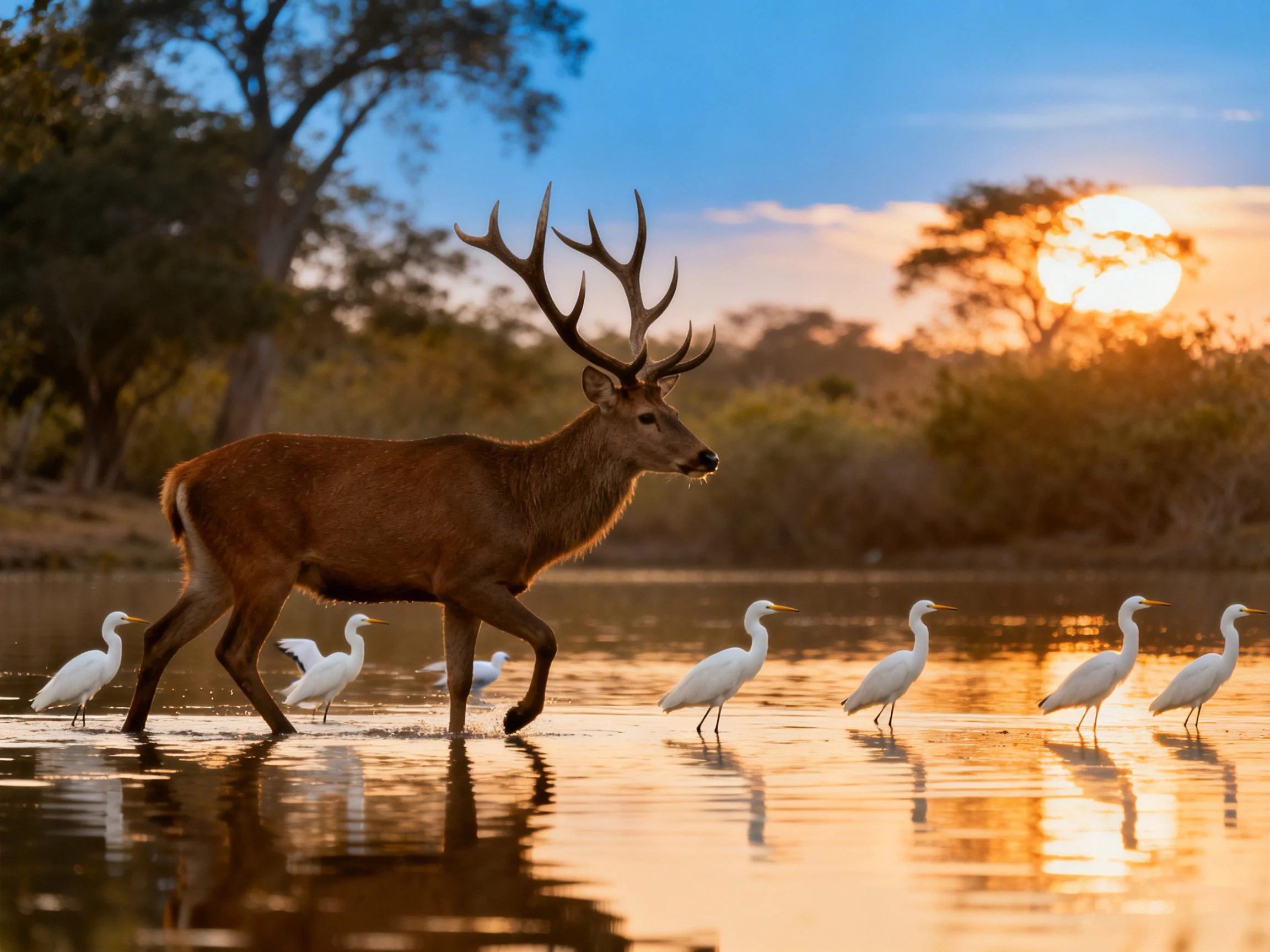 Majestic deer with large antlers wades through shallow water
