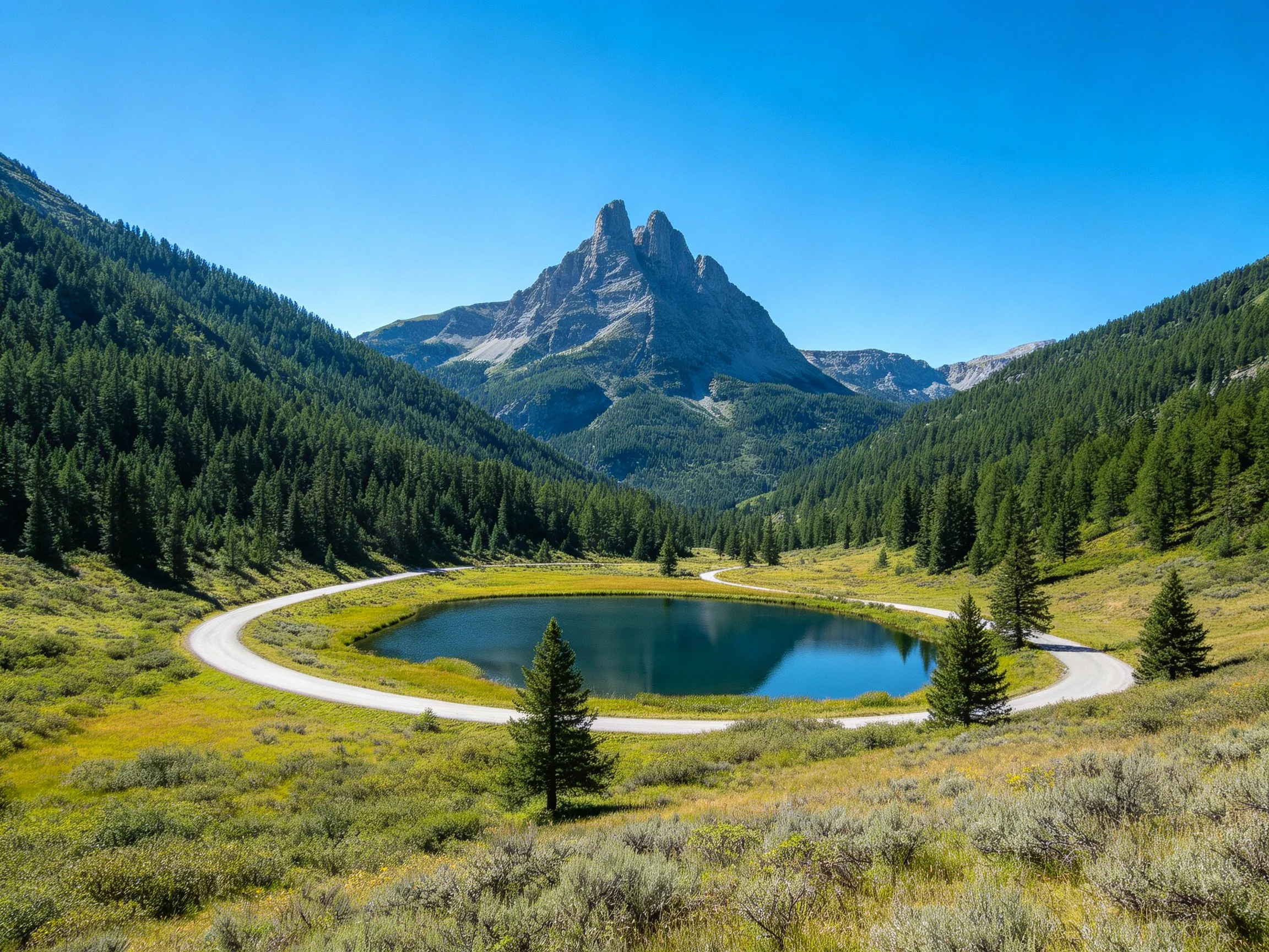 Majestic mountain peak overlooks circular lake with winding path