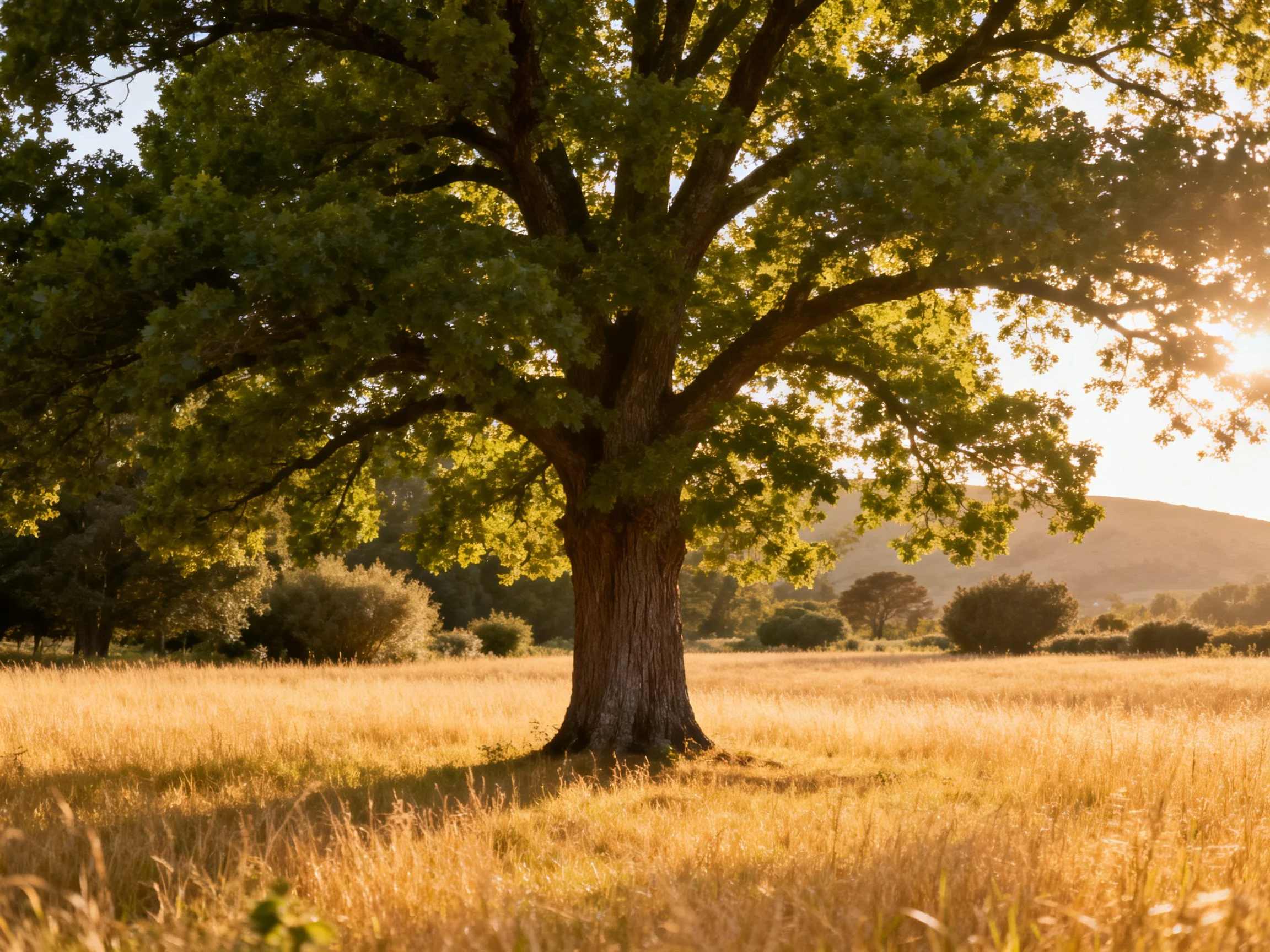 Majestic oak tree centered in golden meadow under warm sunlight