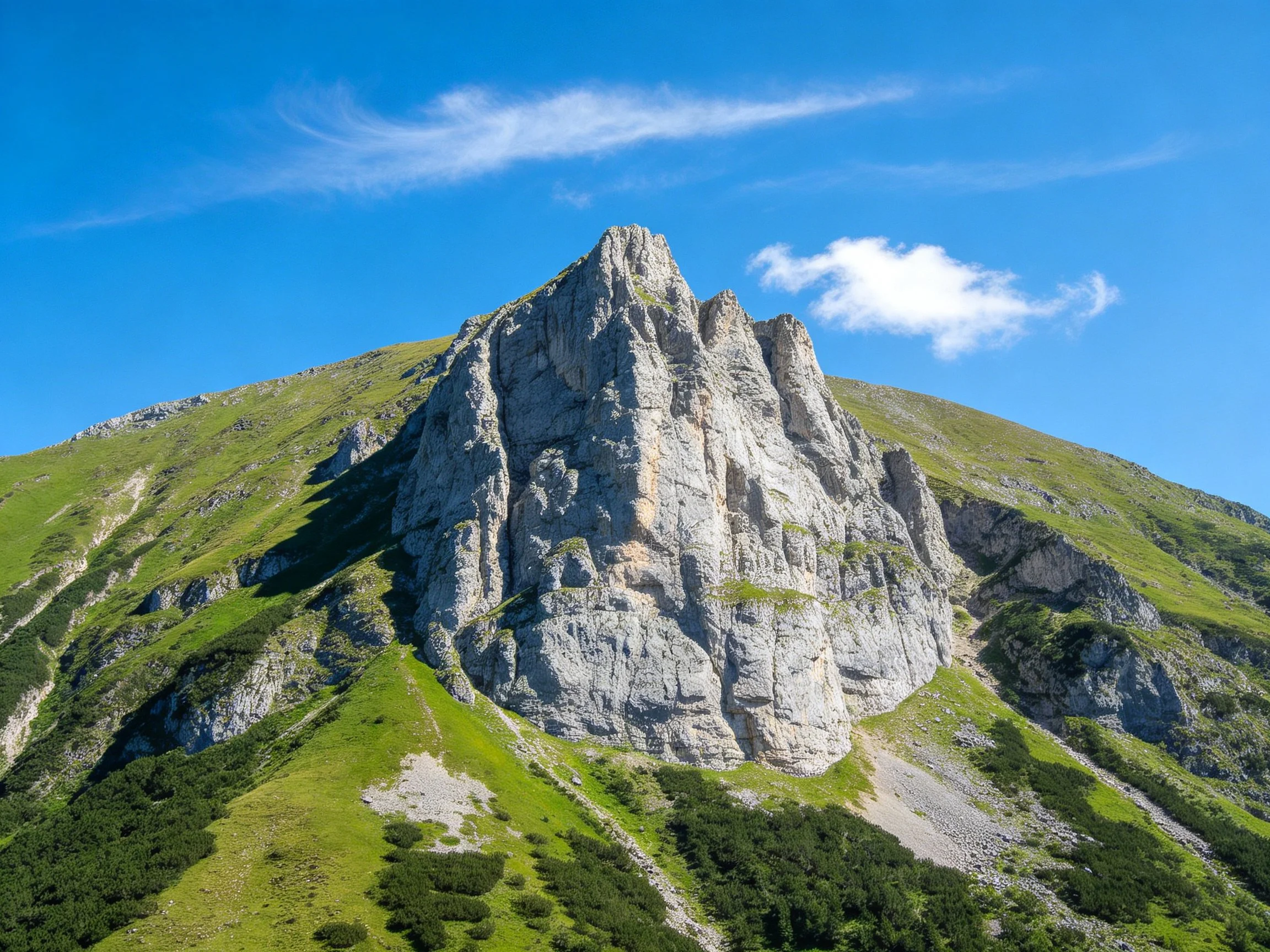 Majestic rocky peak dominates lush green mountain slopes beneath clear blue sky
