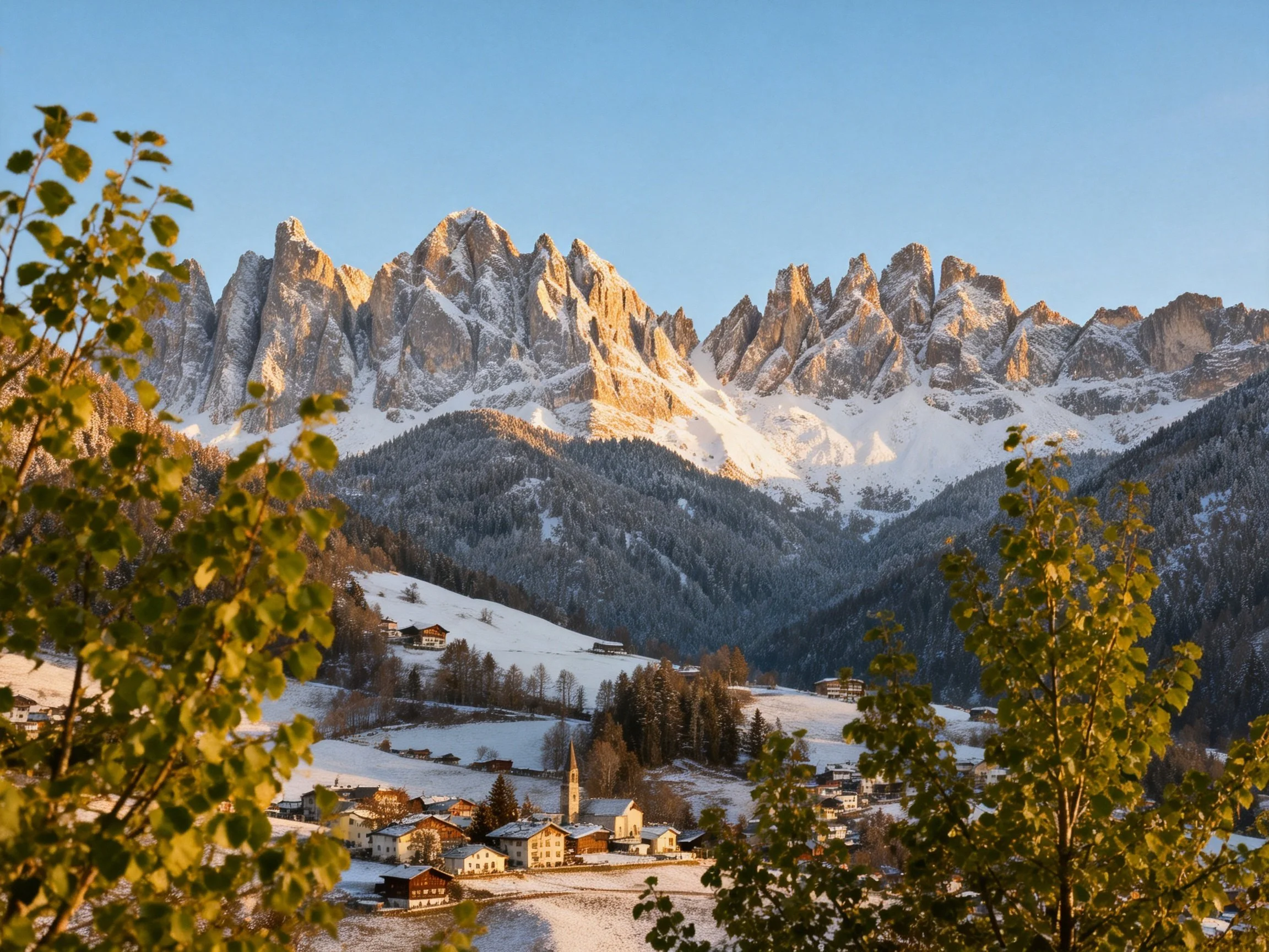 Majestic snow-capped mountain peaks tower over a quaint village with green foliage.