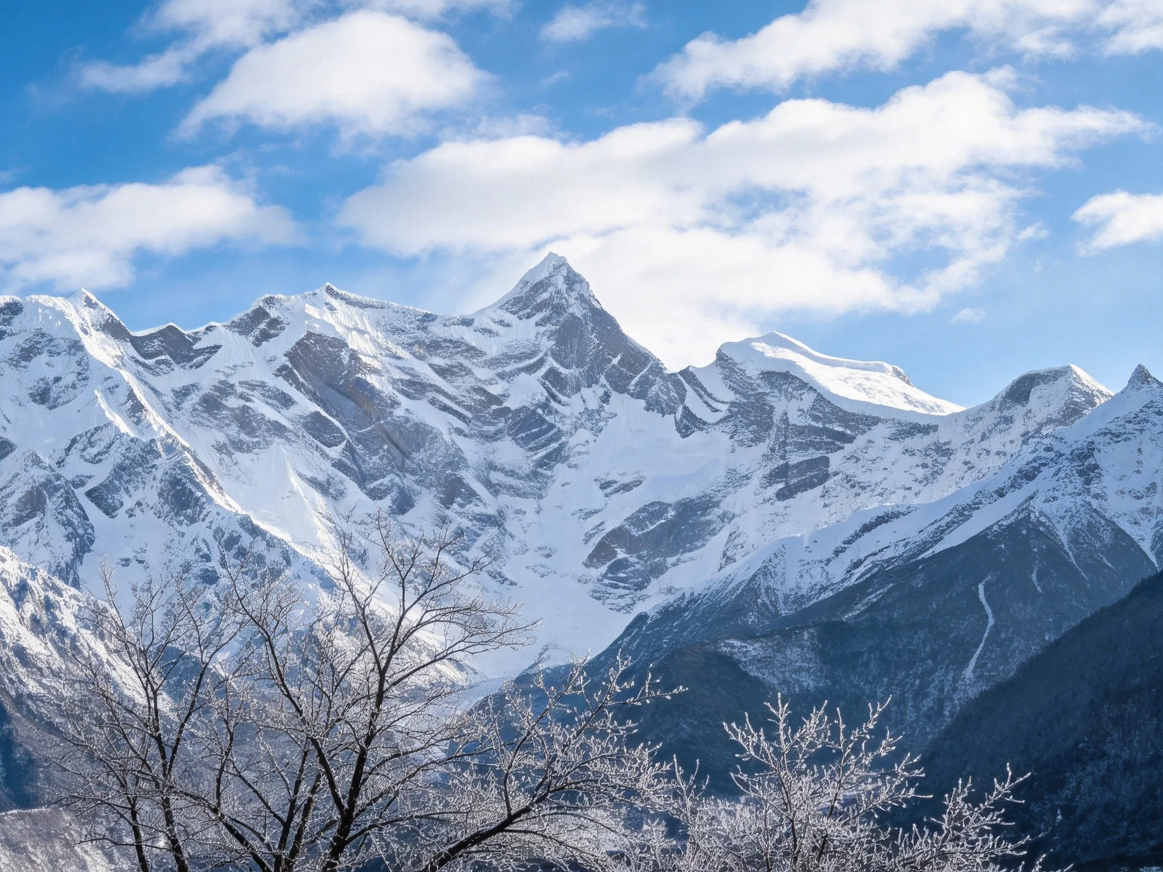 Majestic snow-capped mountain peaks with frosty foreground trees