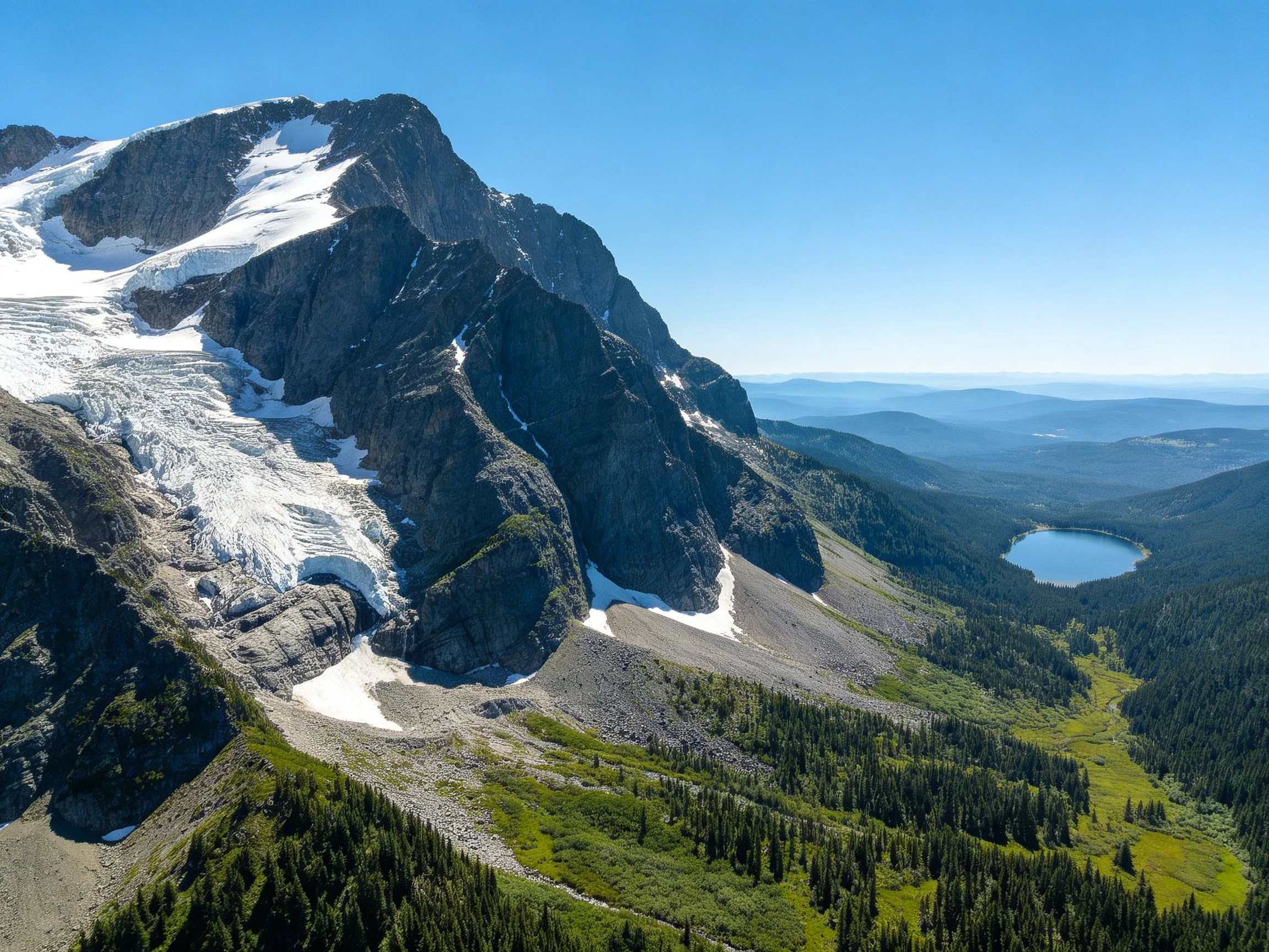 Majestic snow-capped mountain with glacier, forested valley, and alpine lake