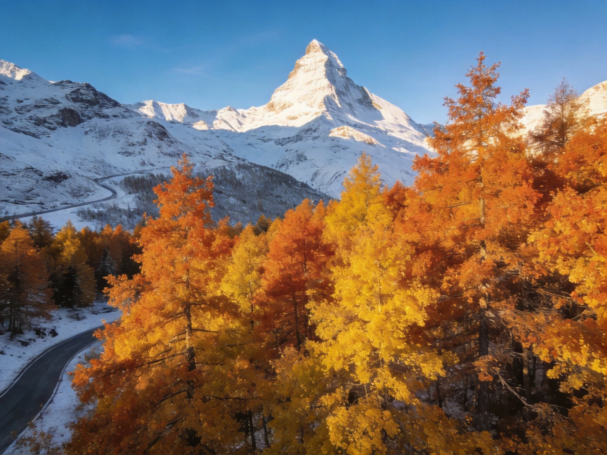 Majestic snow-capped mountain with vibrant autumn forest