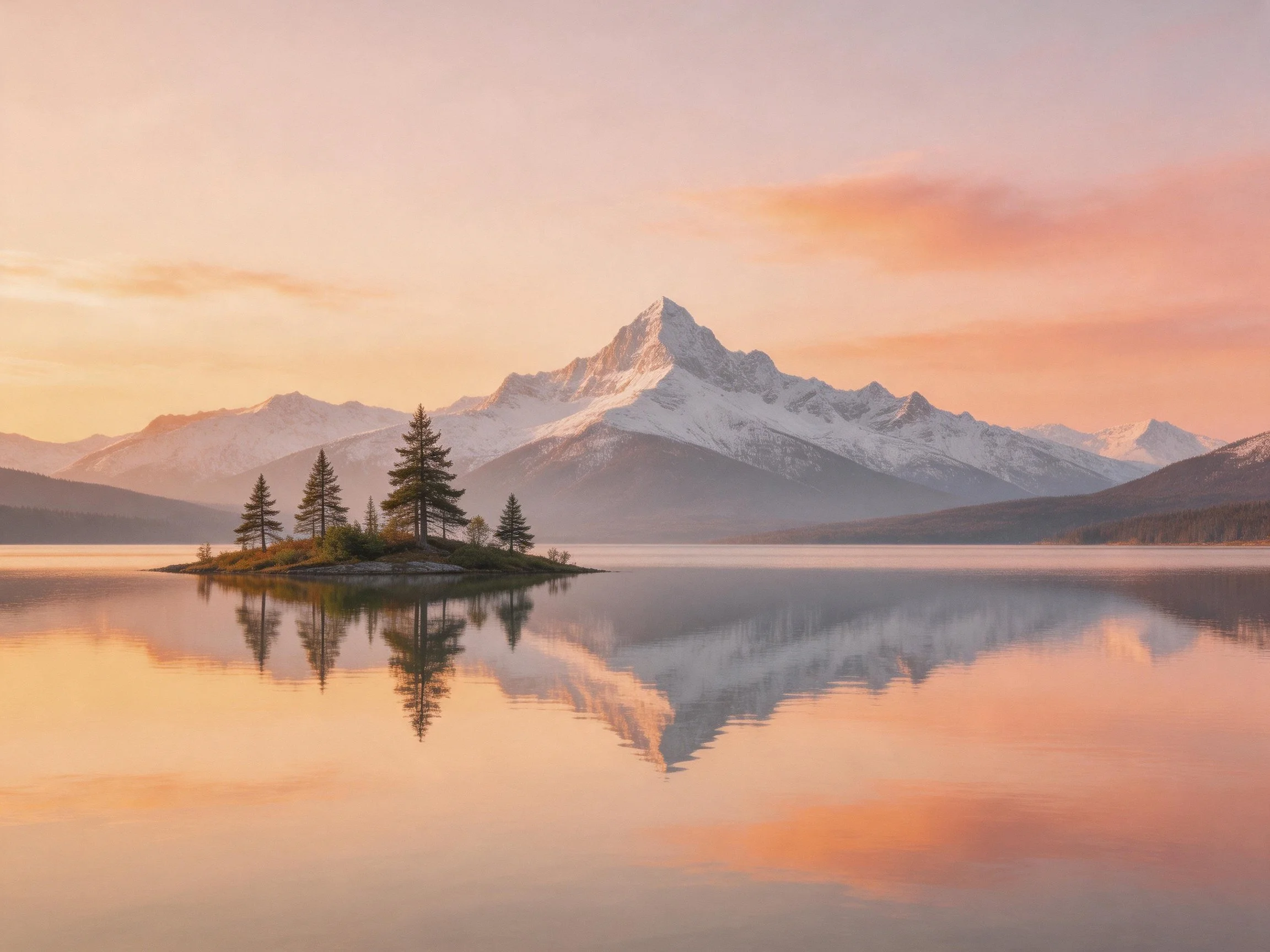 Majestic snow-capped mountains reflect in calm lake with forested island