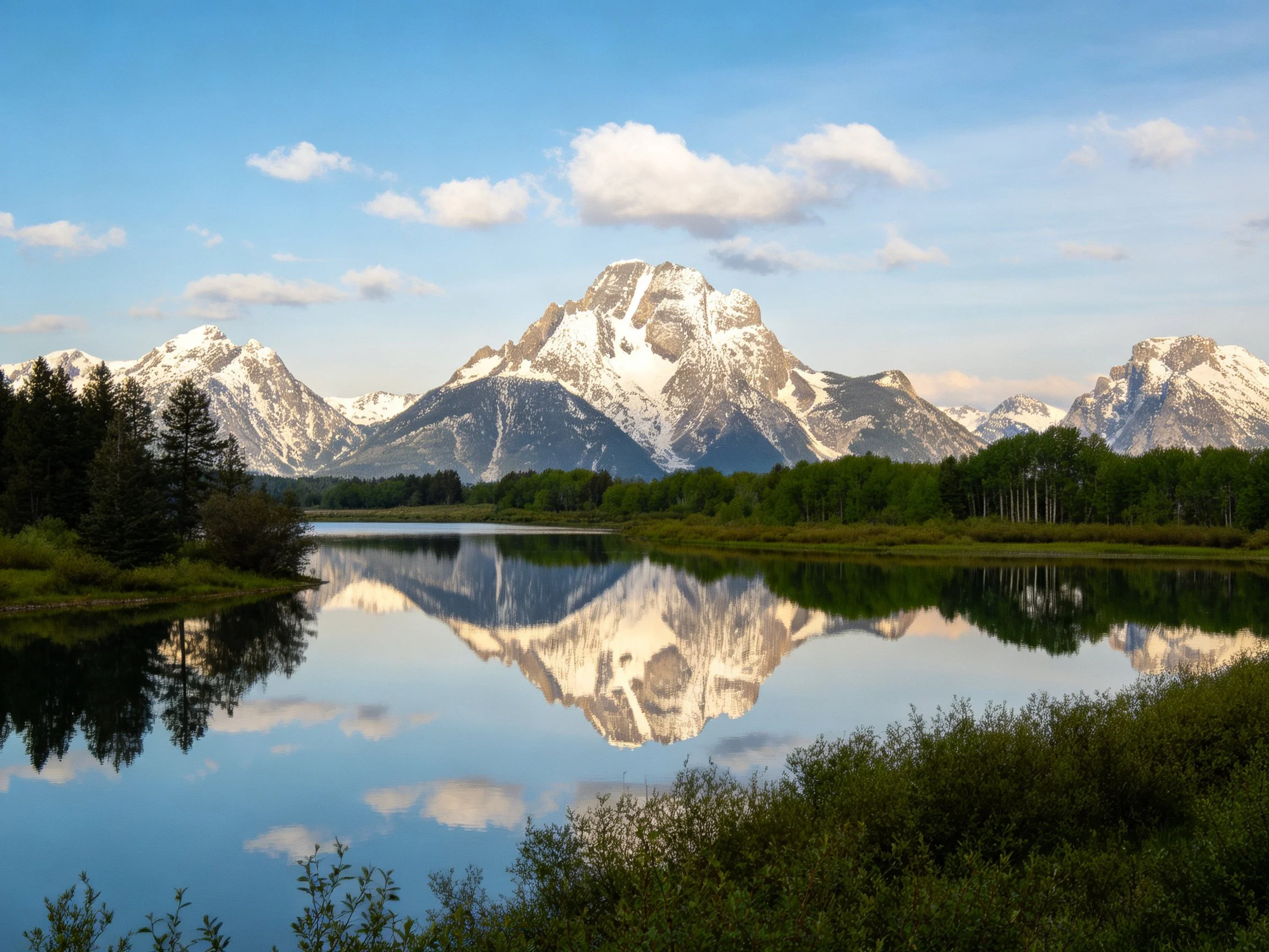 Majestic snow-capped mountains reflected in a calm lake with forested banks