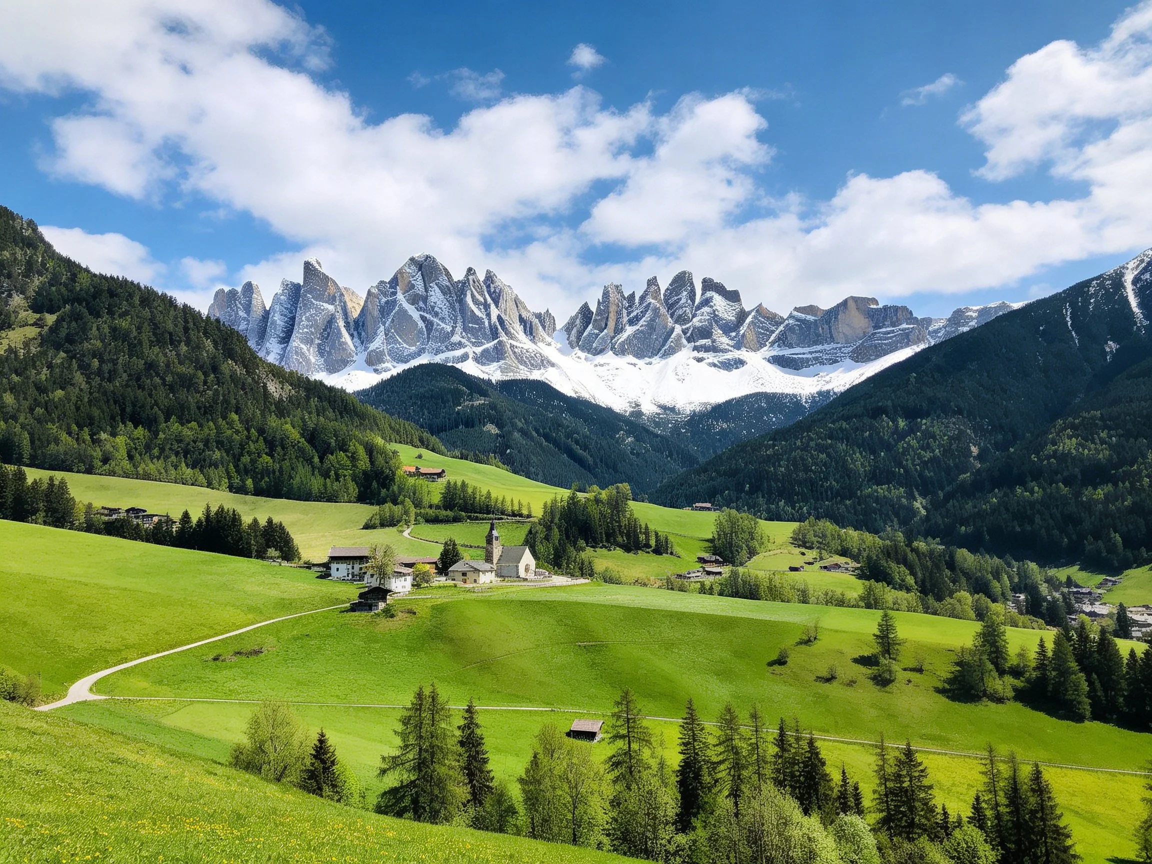Majestic snow-capped peaks tower over verdant valleys and villages