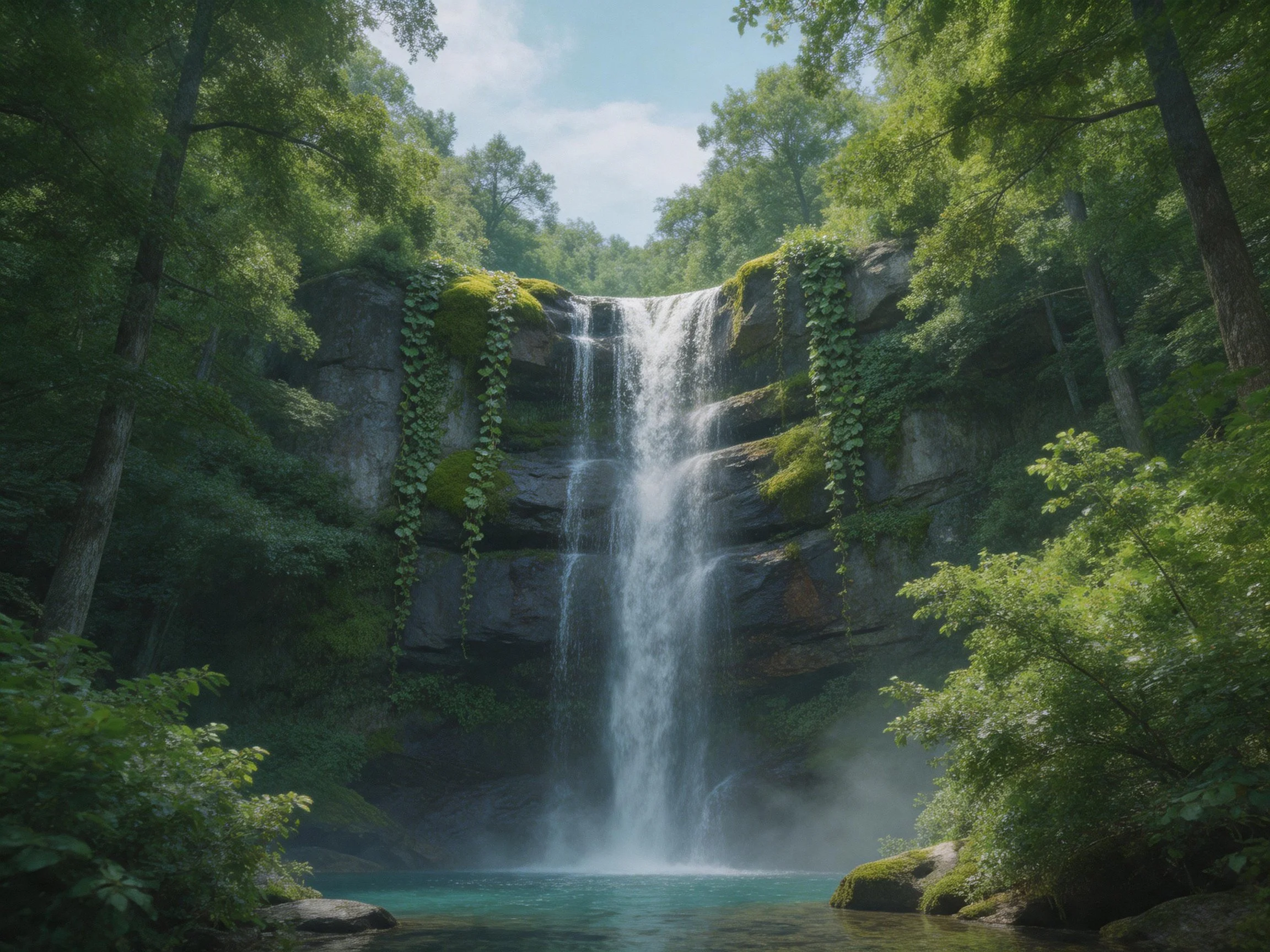 Majestic waterfall cascades into turquoise pool amid dense forest