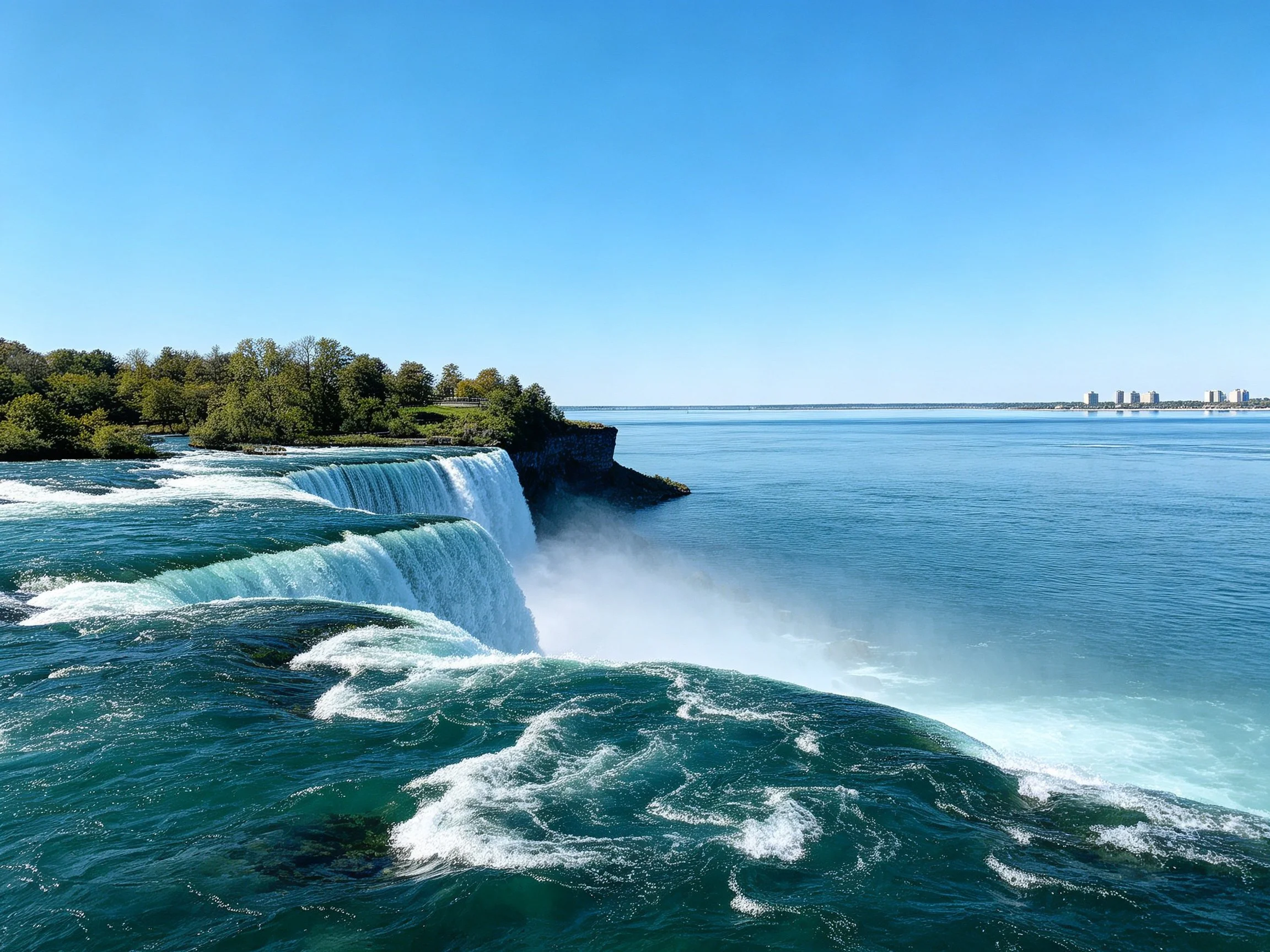 Majestic waterfall cascades into turquoise waters beside lush green shore
