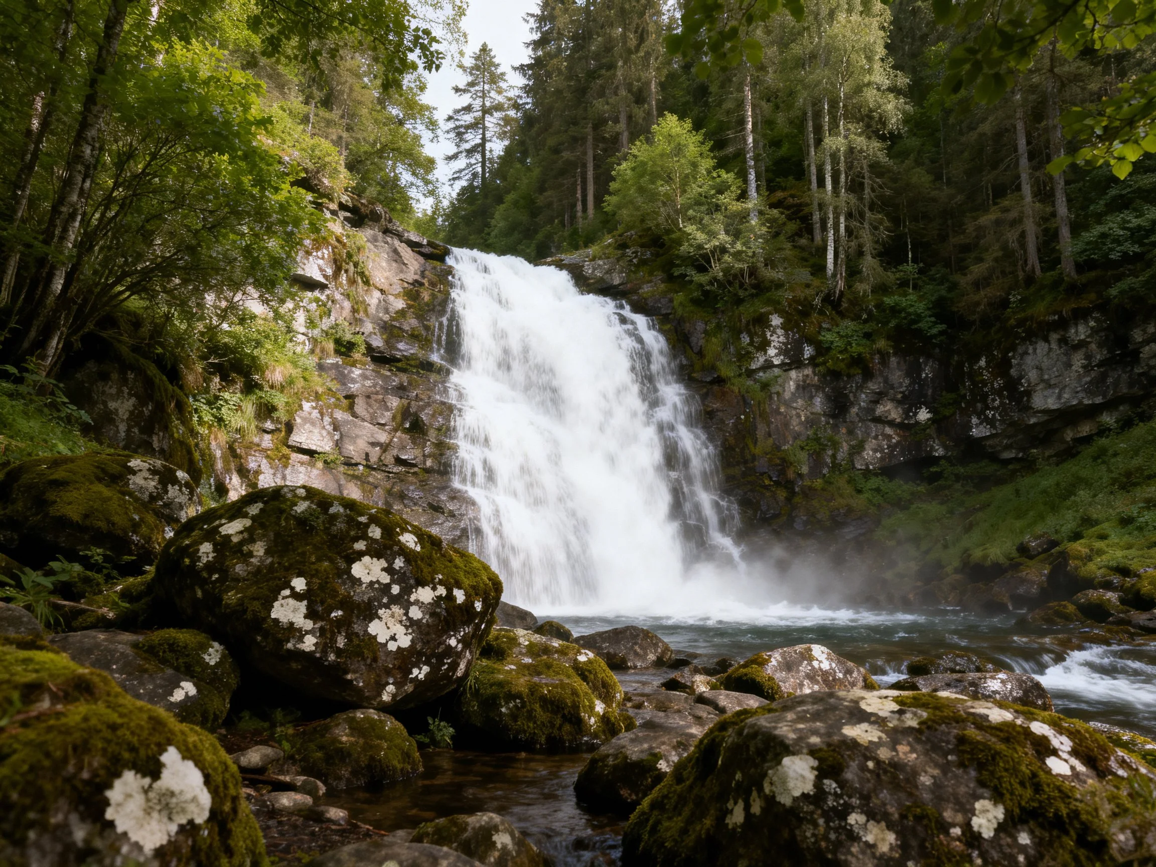 Majestic waterfall cascades over rocky cliffs amidst dense green forest