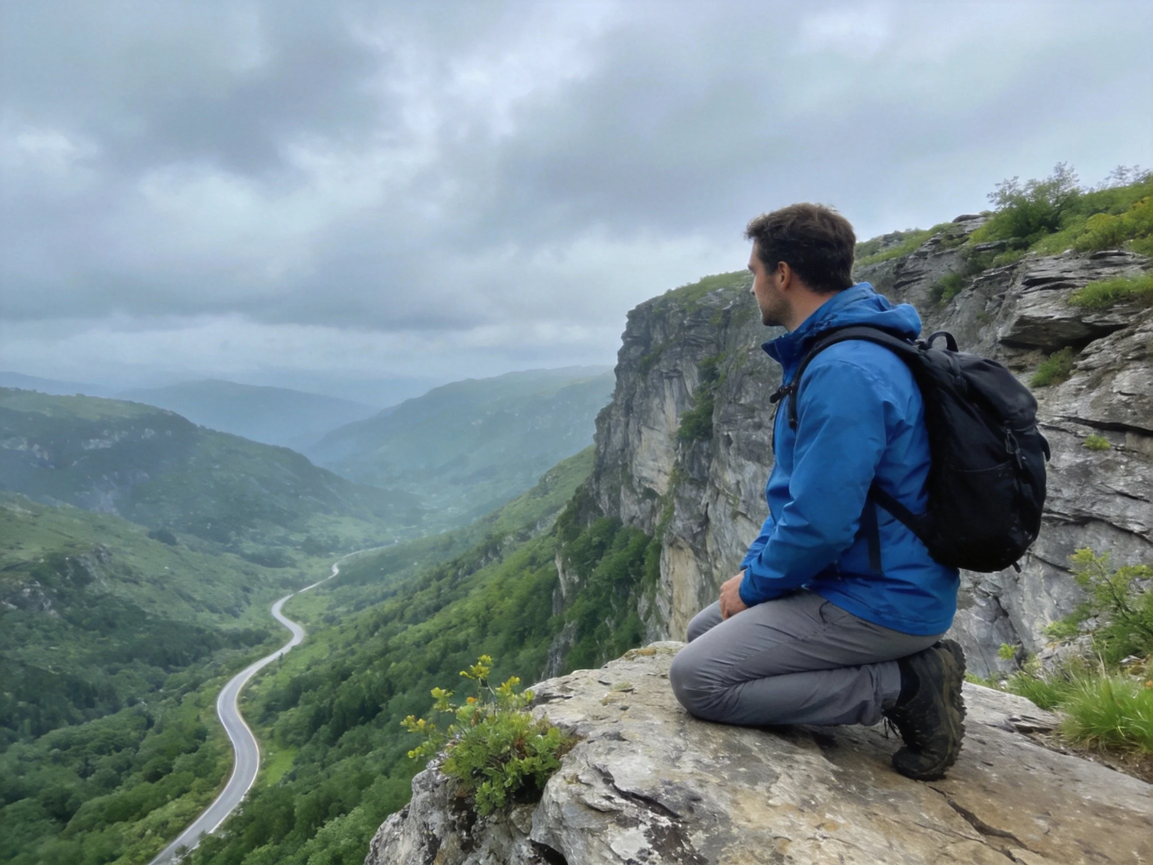 Man in blue jacket kneels on rocky cliffside overlooking lush valley