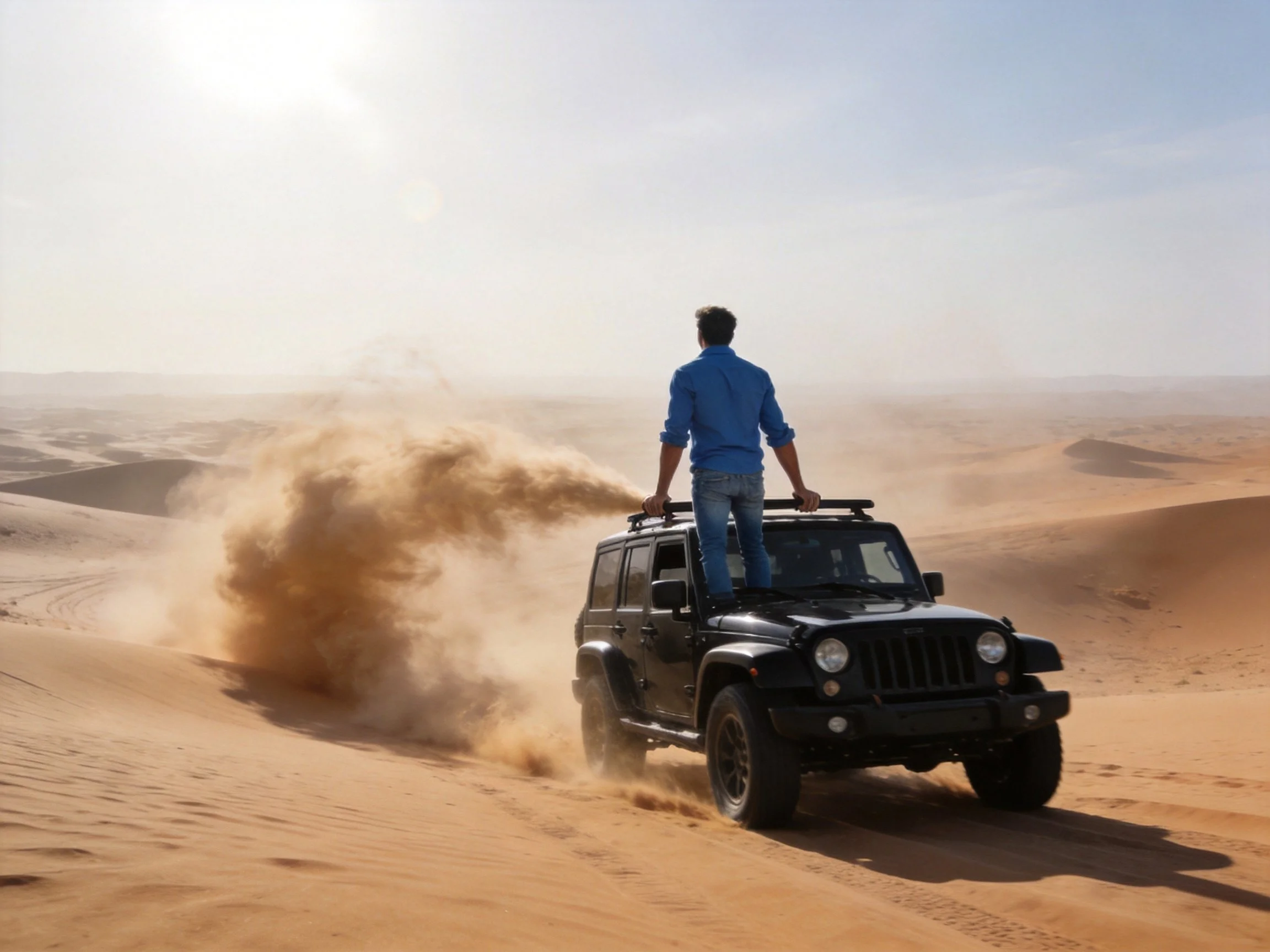Man in blue shirt standing on black jeep driving over sand dunes