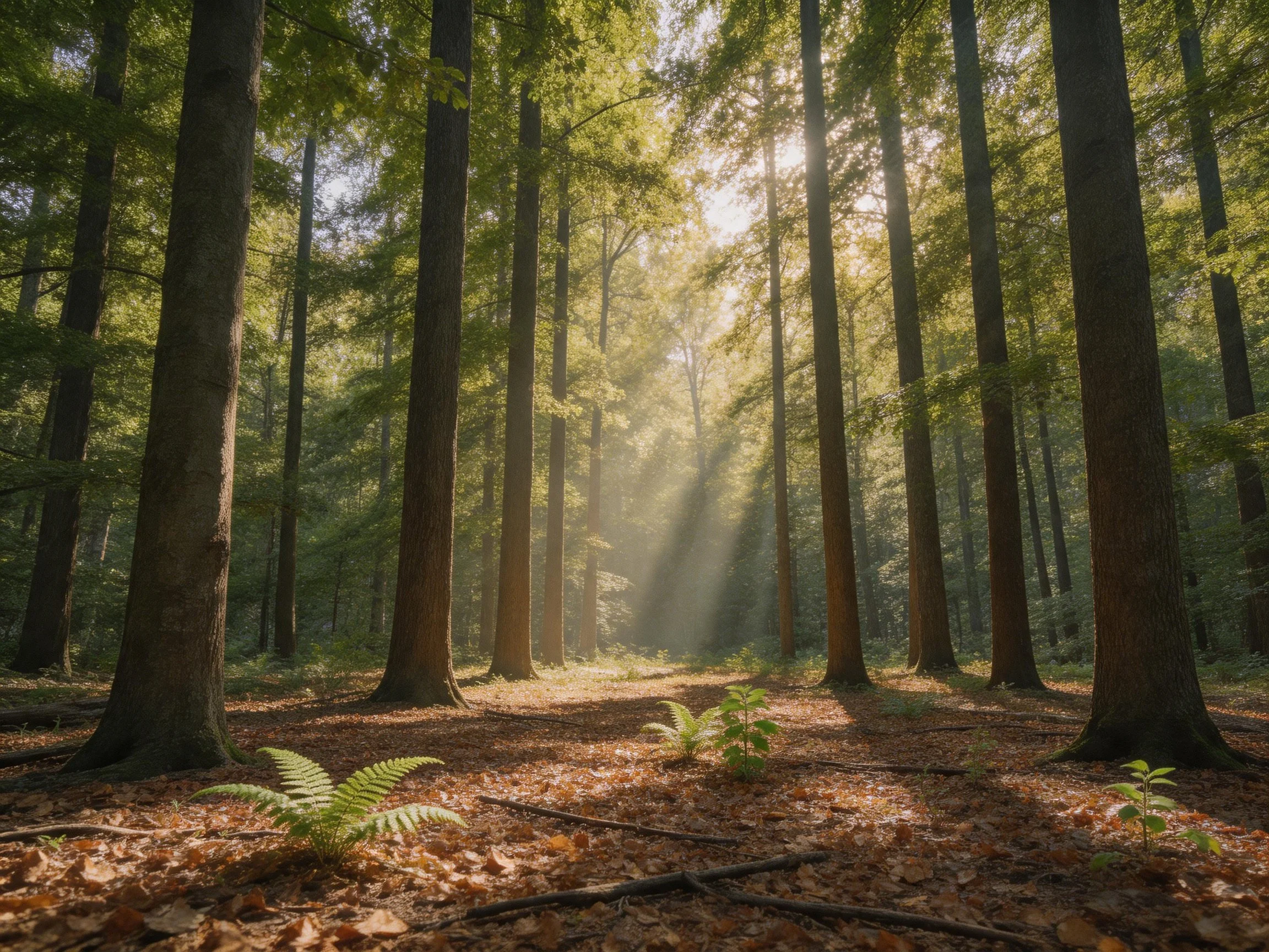Many tall trees shade a forest with golden sunlight