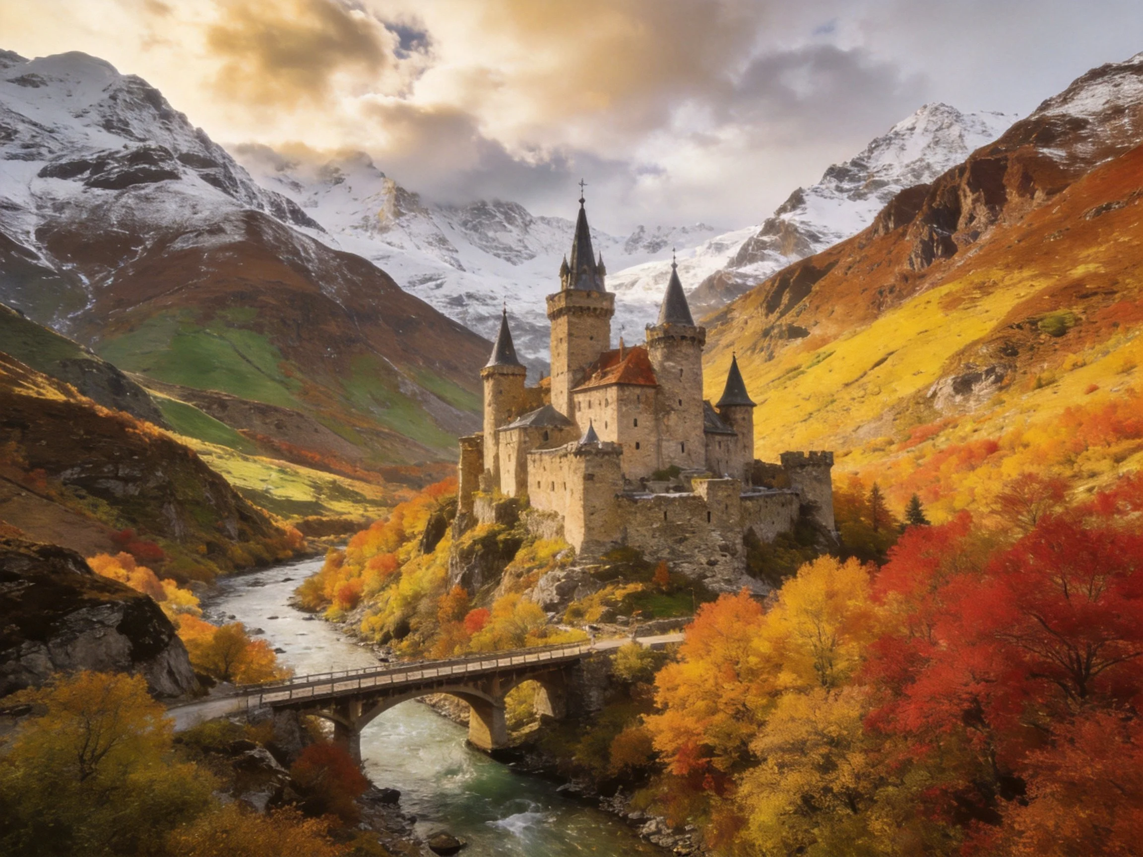 Medieval Castle Among Snow-Capped Mountain Peaks
