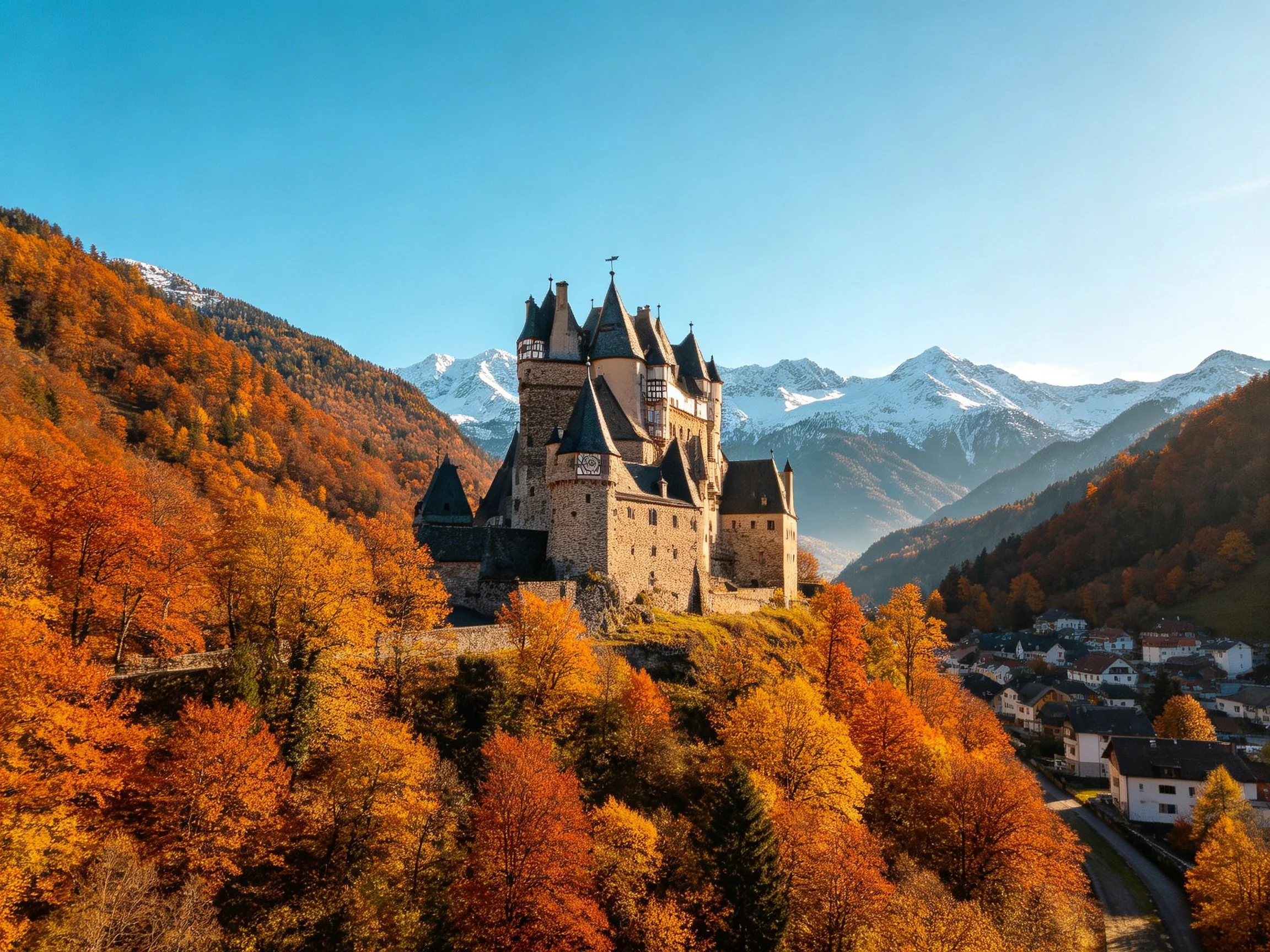 Medieval castle amid autumn forests with snow-capped mountains