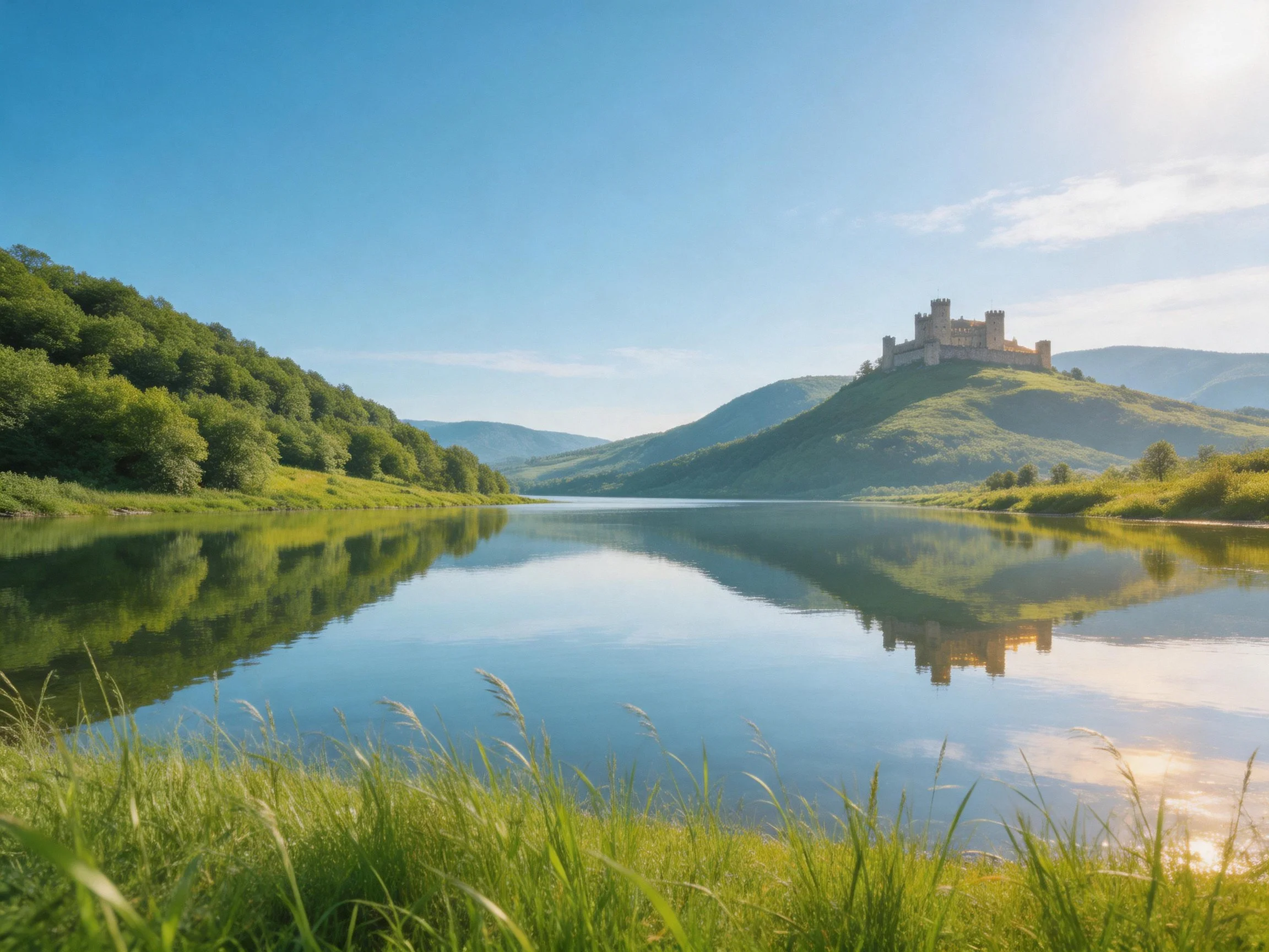 Medieval castle atop a hill overlooks a serene river
