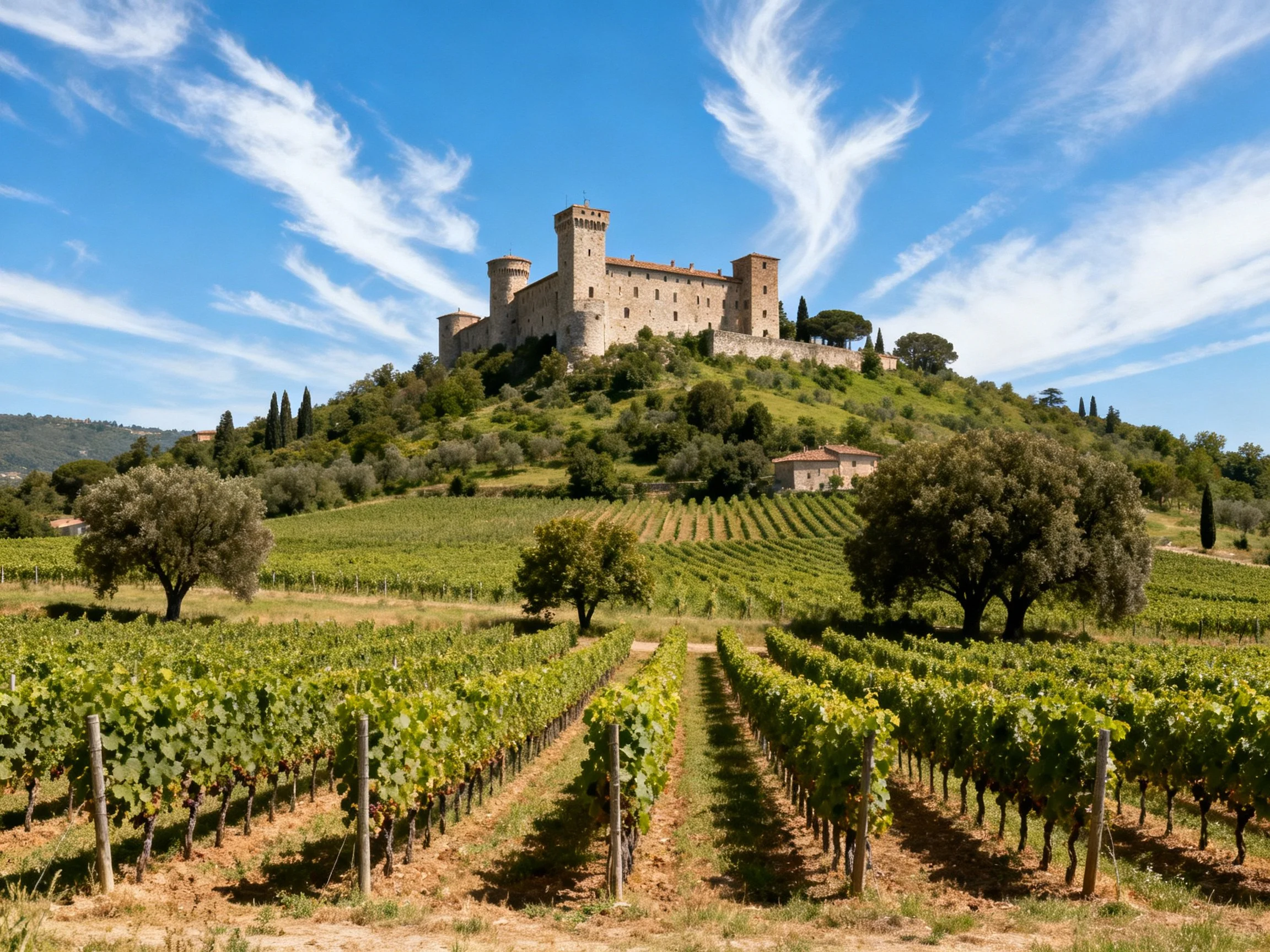Medieval castle atop green hillside with vineyards