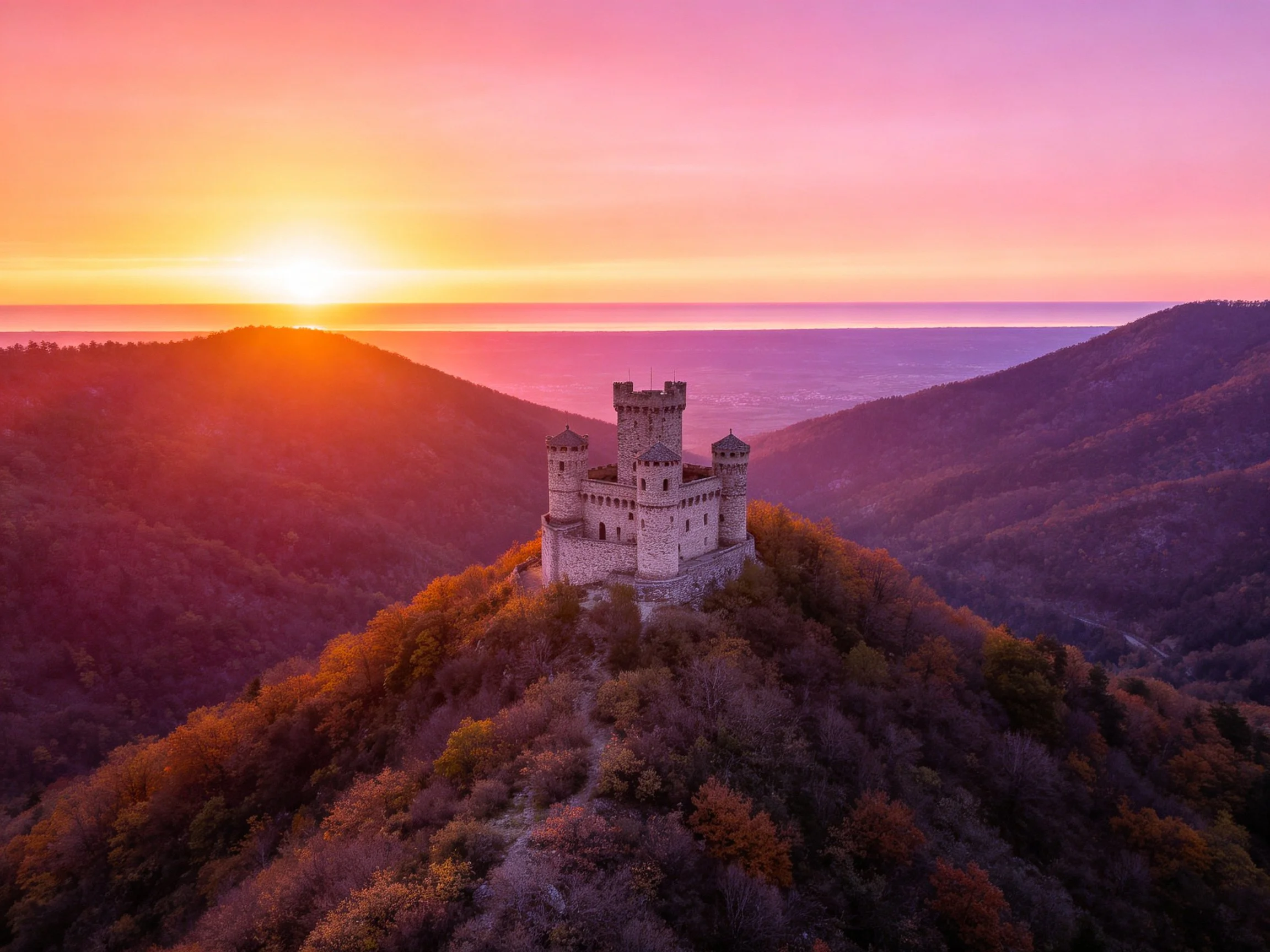 Medieval castle on a forested hilltop at sunset
